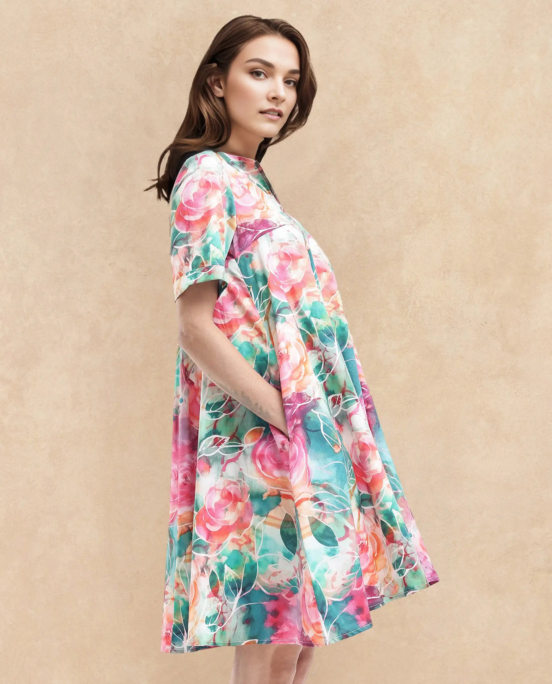 Rareism Women Enderson Multi Cotton Short Sleeve Crew Neck Fit And Flare Floral Print Knee Length Dress