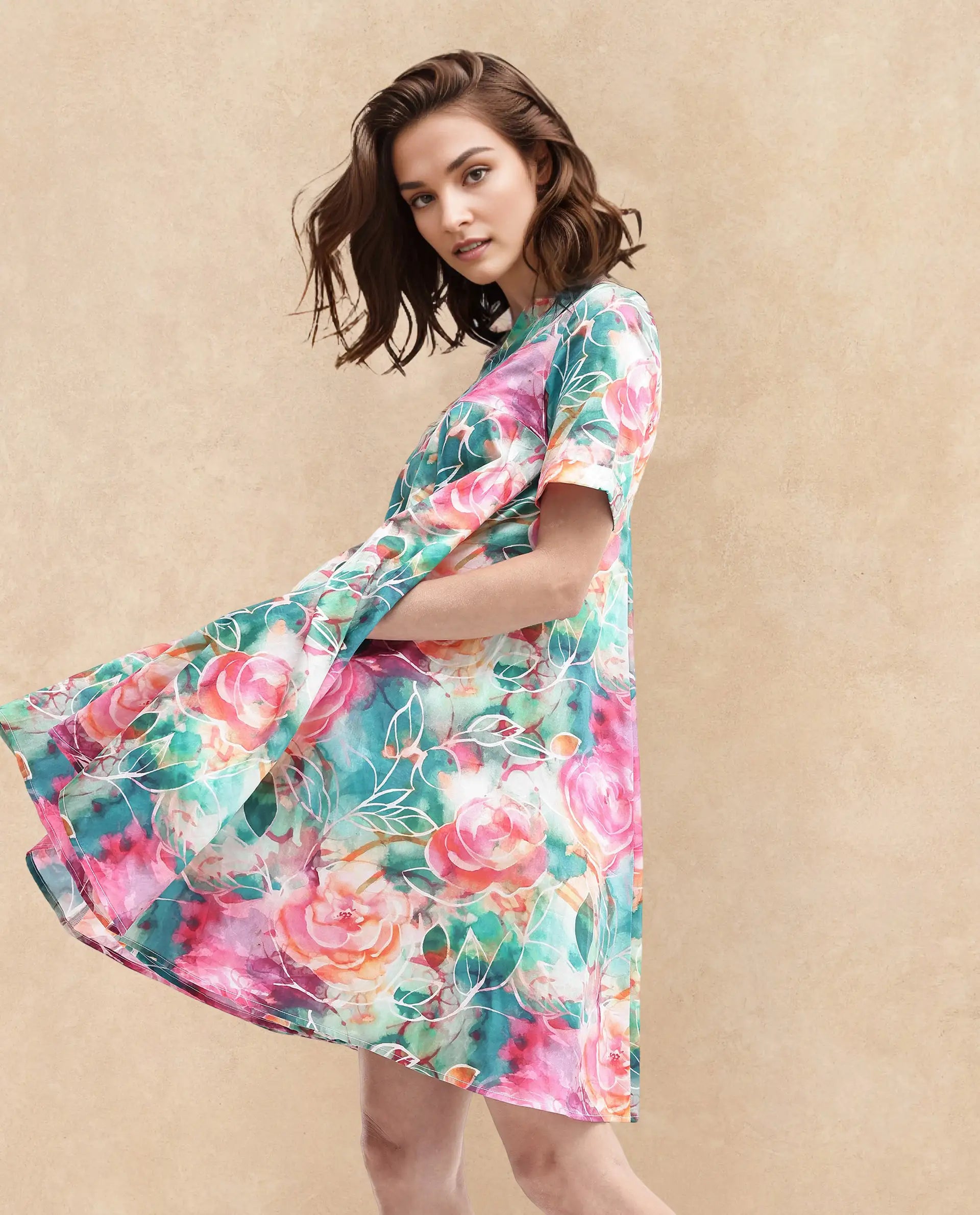 Rareism Women Enderson Multi Cotton Short Sleeve Crew Neck Fit And Flare Floral Print Knee Length Dress