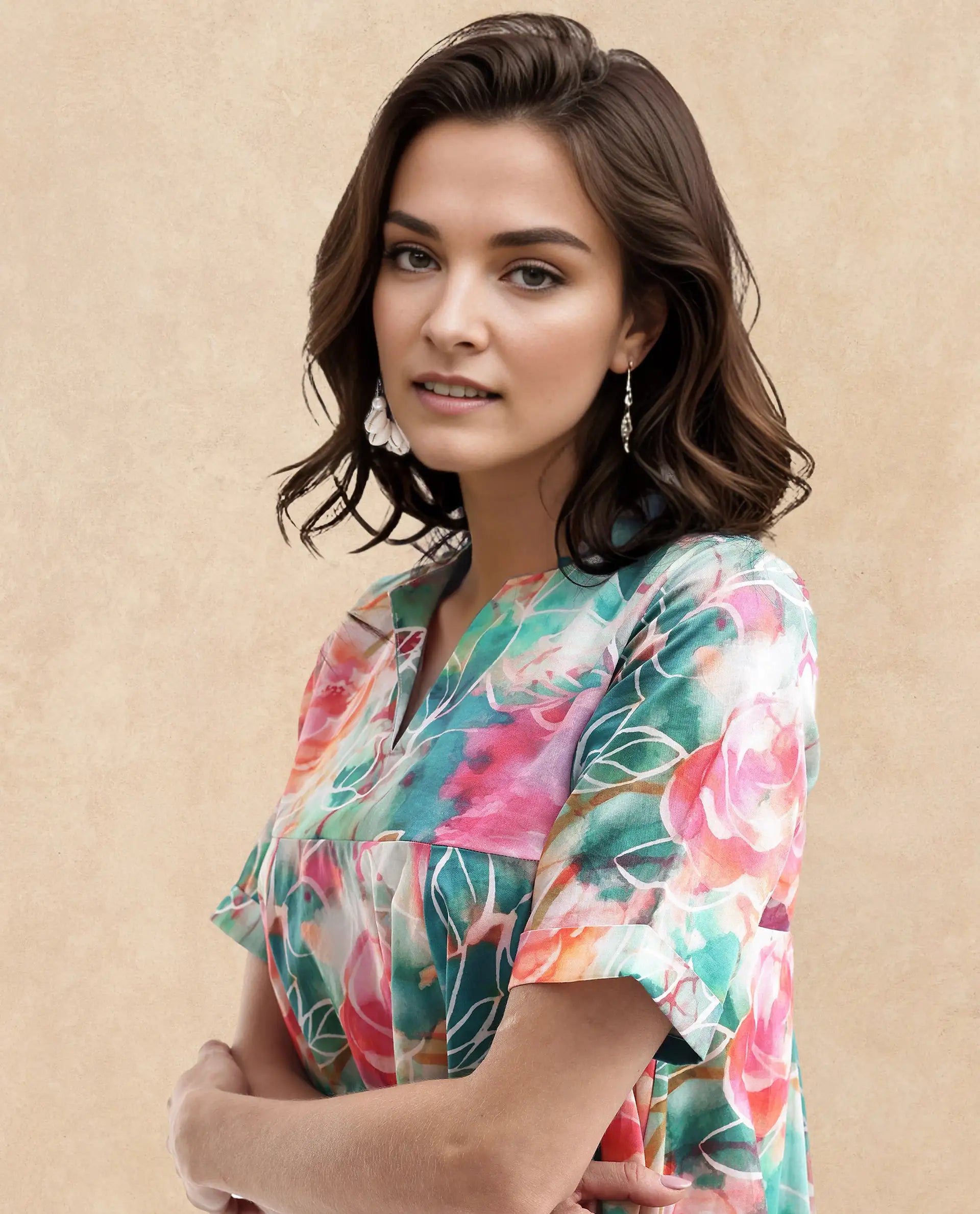 Rareism Women Enderson Multi Cotton Short Sleeve Crew Neck Fit And Flare Floral Print Knee Length Dress