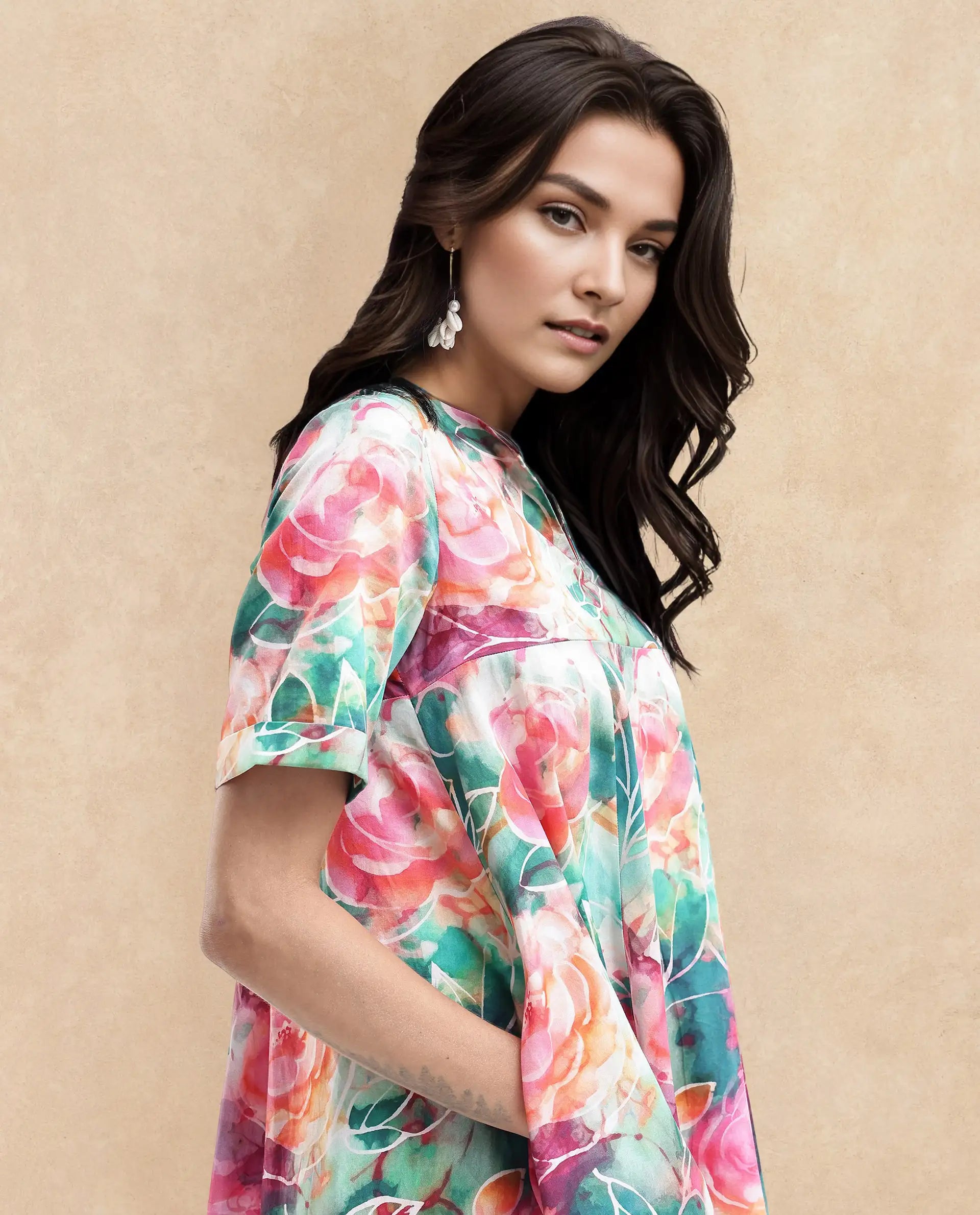 Rareism Women Enderson Multi Cotton Short Sleeve Crew Neck Fit And Flare Floral Print Knee Length Dress