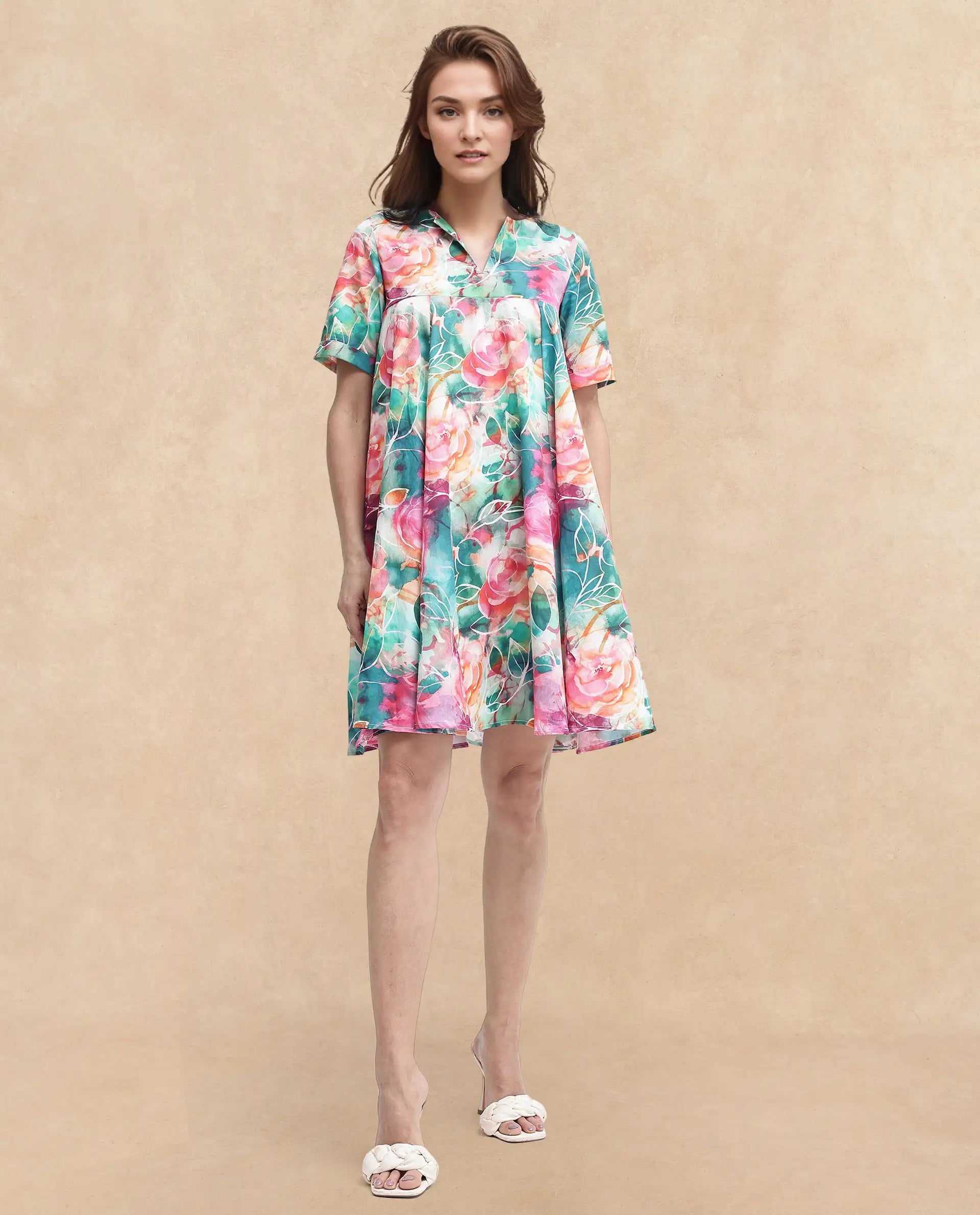 Rareism Women Enderson Multi Cotton Short Sleeve Crew Neck Fit And Flare Floral Print Knee Length Dress