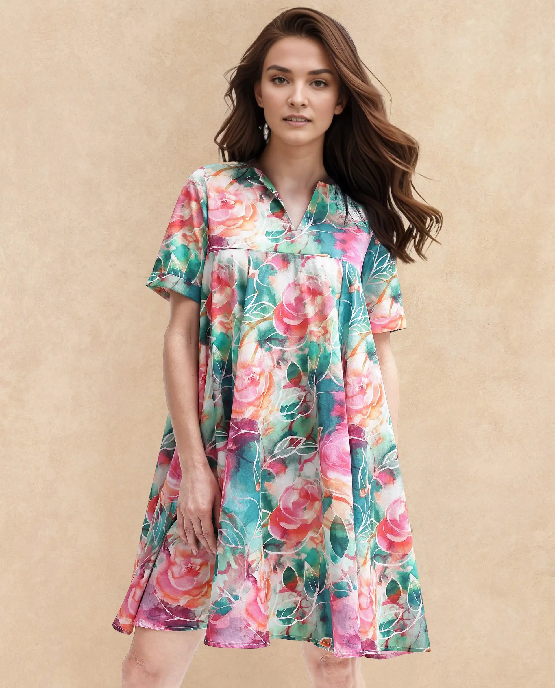 Rareism Women Enderson Multi Cotton Short Sleeve Crew Neck Fit And Flare Floral Print Knee Length Dress