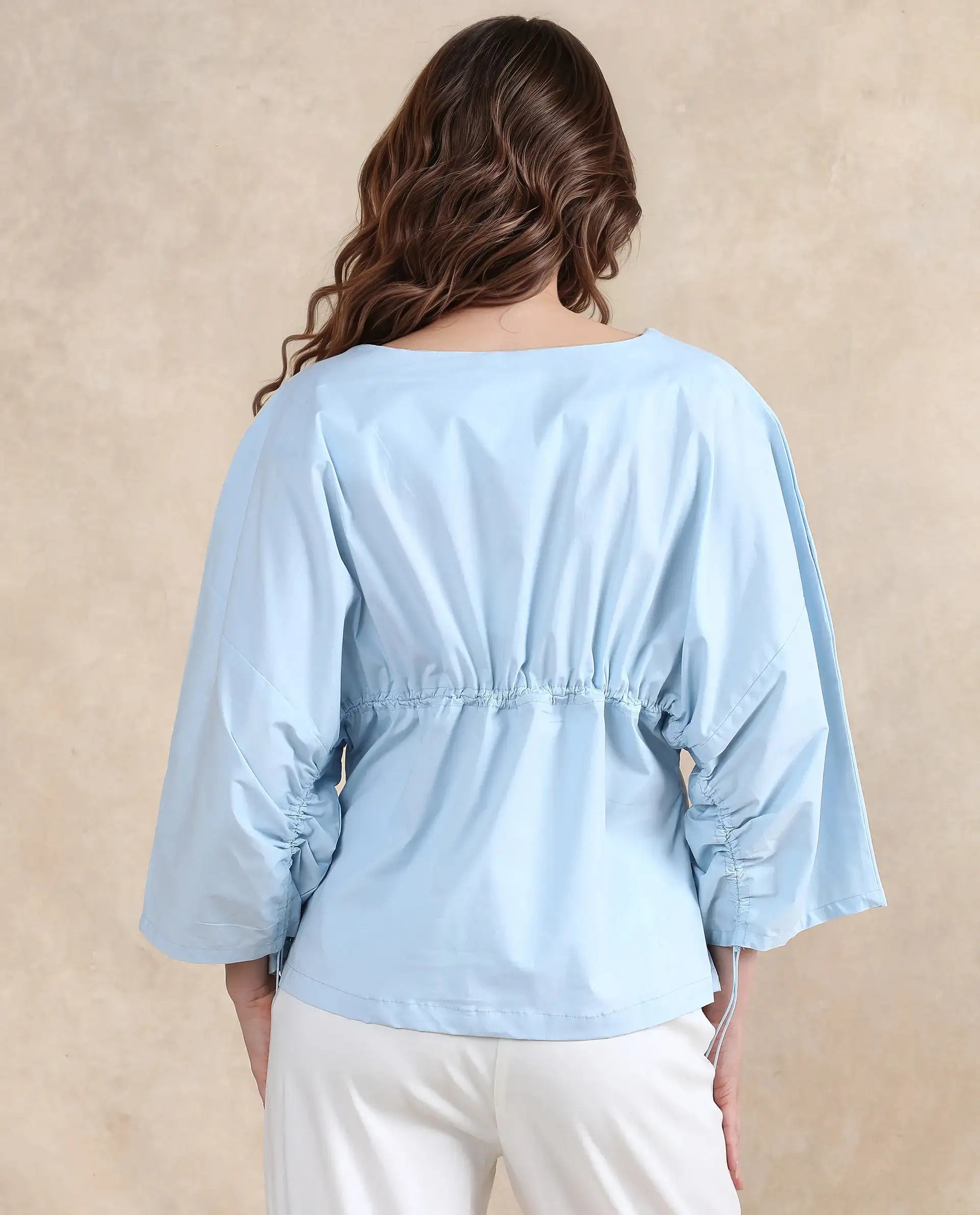 Rareism Women Eniv Light Blue Cotton Fabric Extended Sleeves Round Neck Plain Top