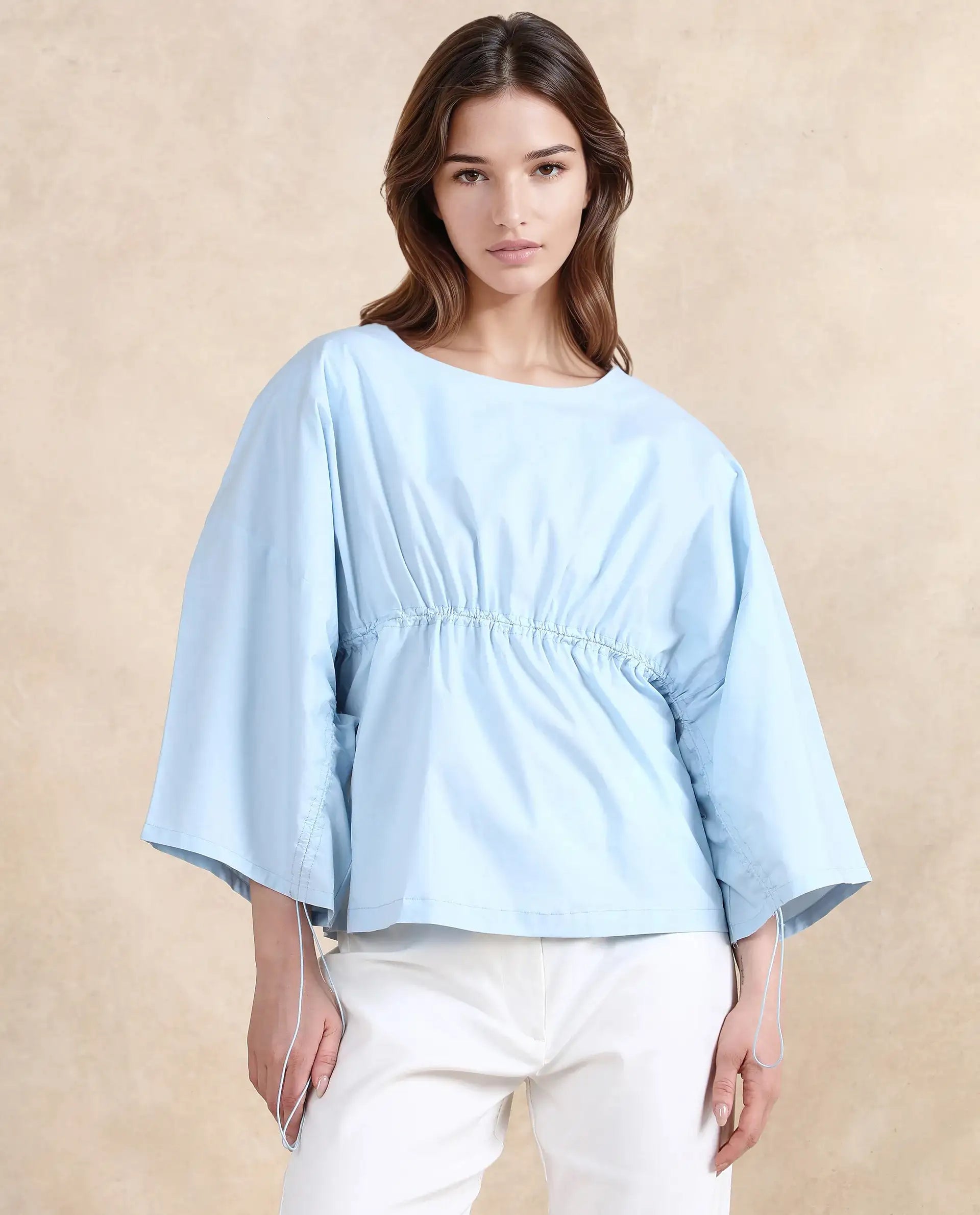 Rareism Women Eniv Light Blue Cotton Fabric Extended Sleeves Round Neck Plain Top
