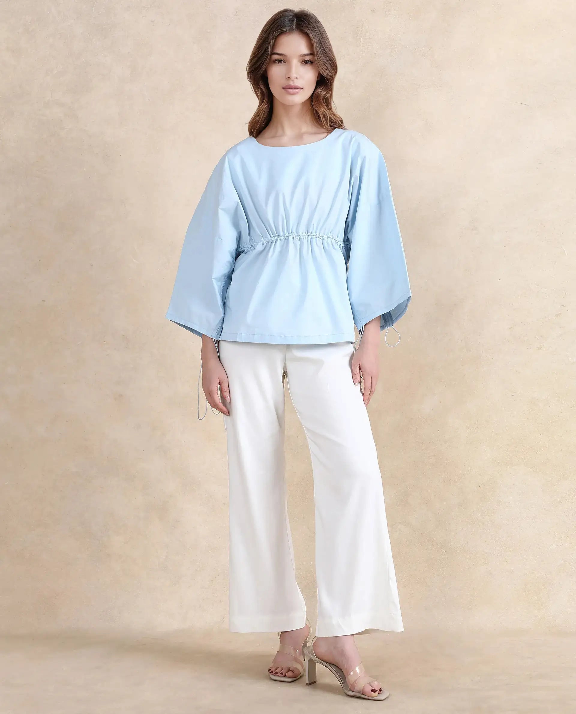 Rareism Women Eniv Light Blue Cotton Fabric Extended Sleeves Round Neck Plain Top