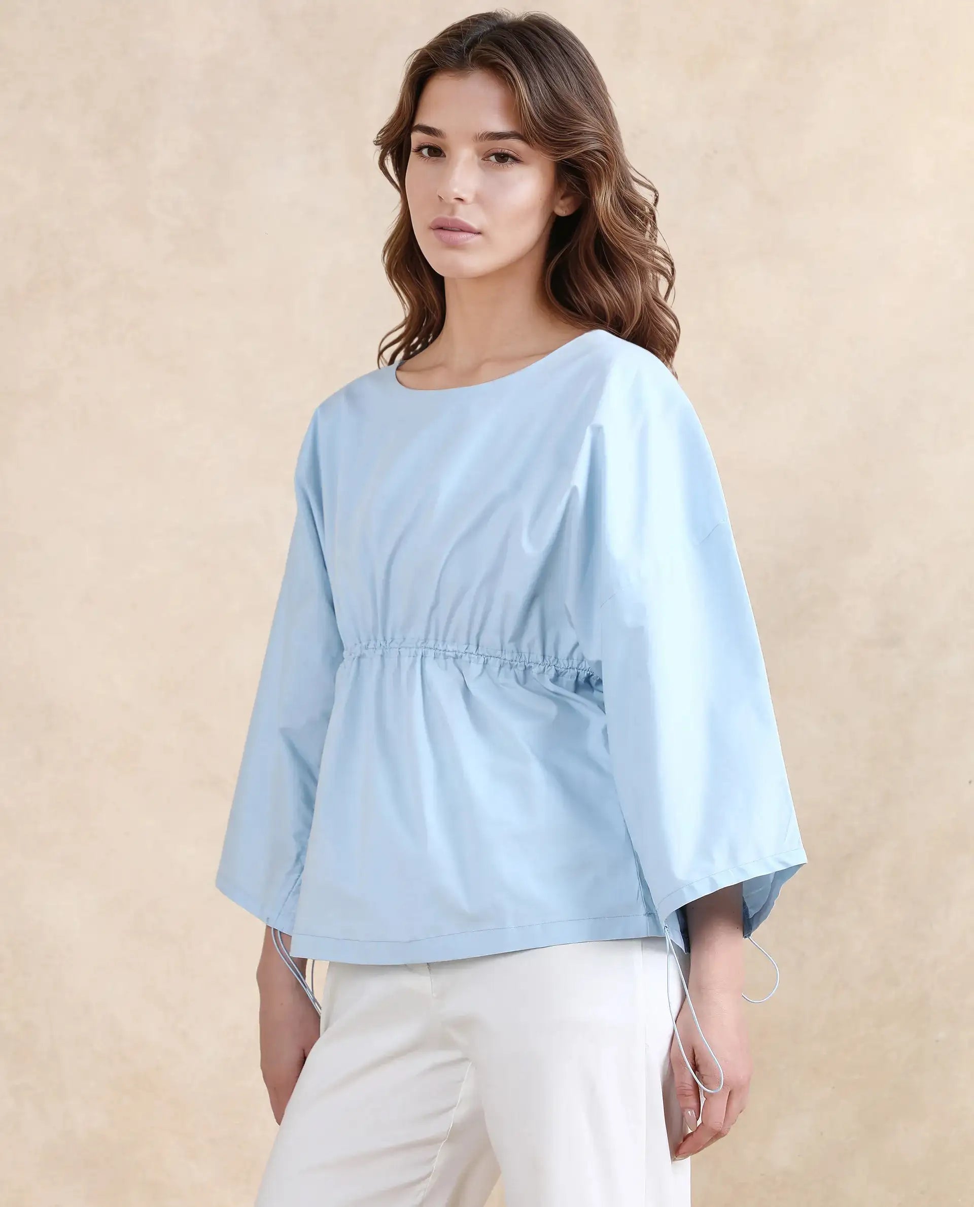 Rareism Women Eniv Light Blue Cotton Fabric Extended Sleeves Round Neck Plain Top