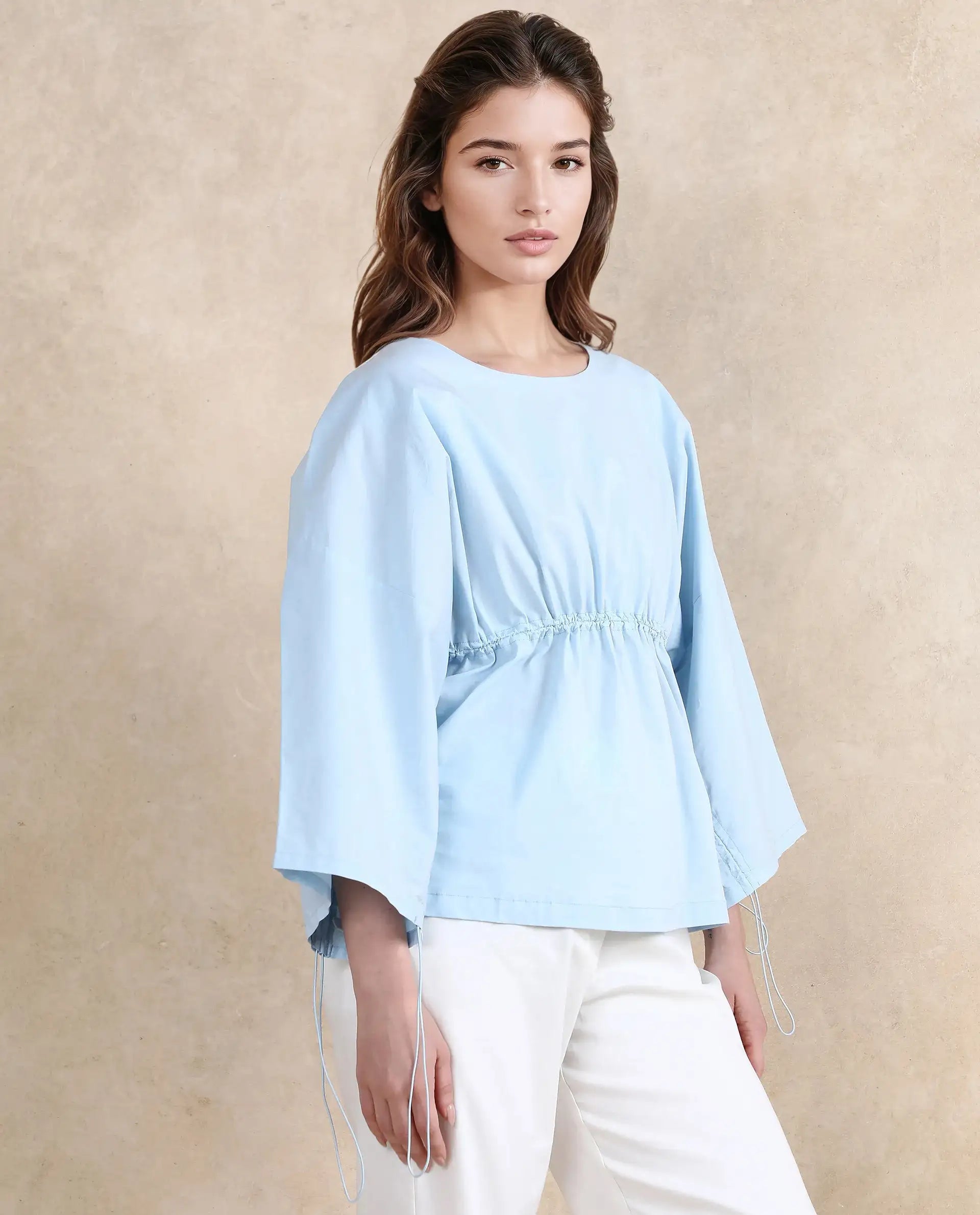 Rareism Women Eniv Light Blue Cotton Fabric Extended Sleeves Round Neck Plain Top