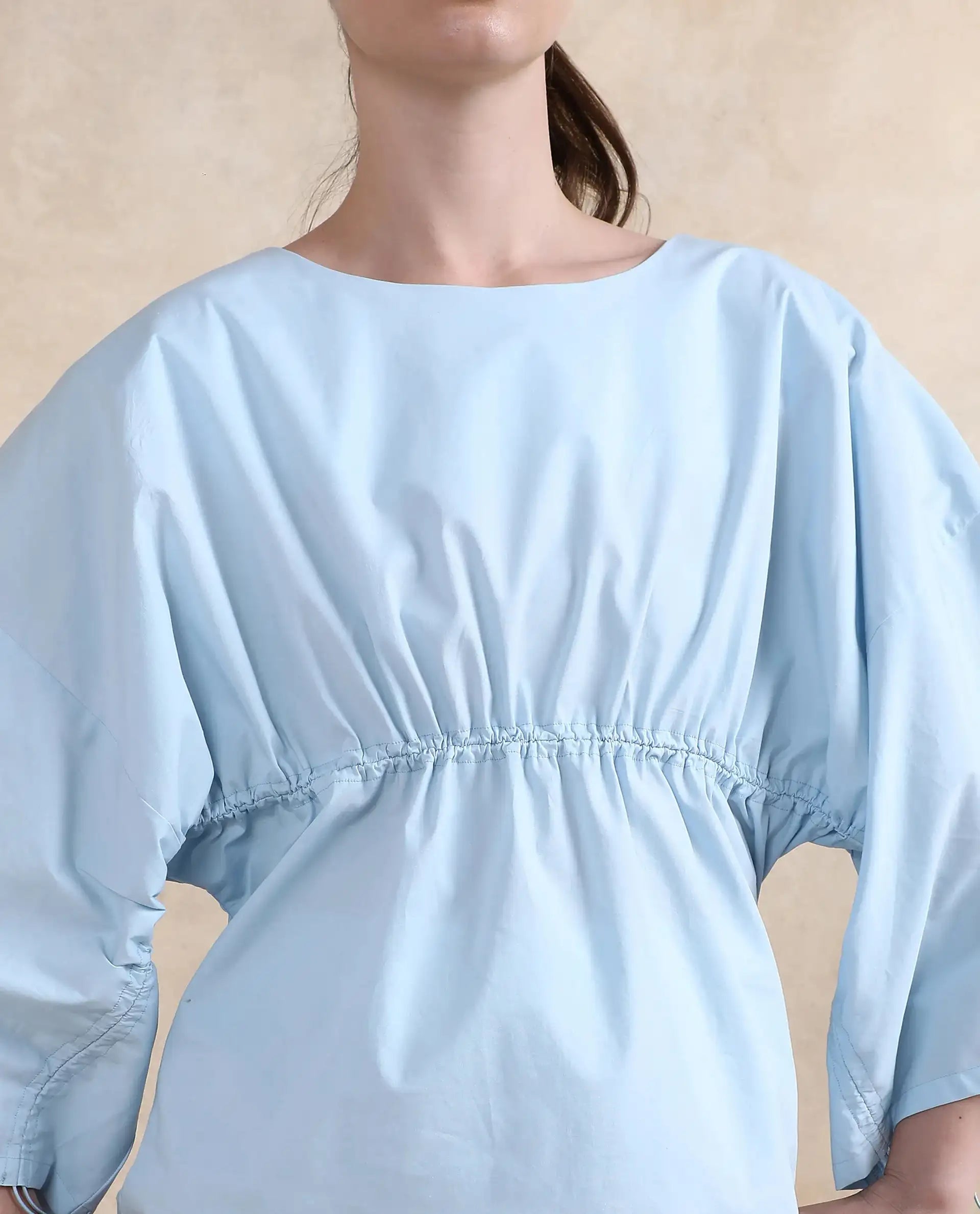 Rareism Women Eniv Light Blue Cotton Fabric Extended Sleeves Round Neck Plain Top