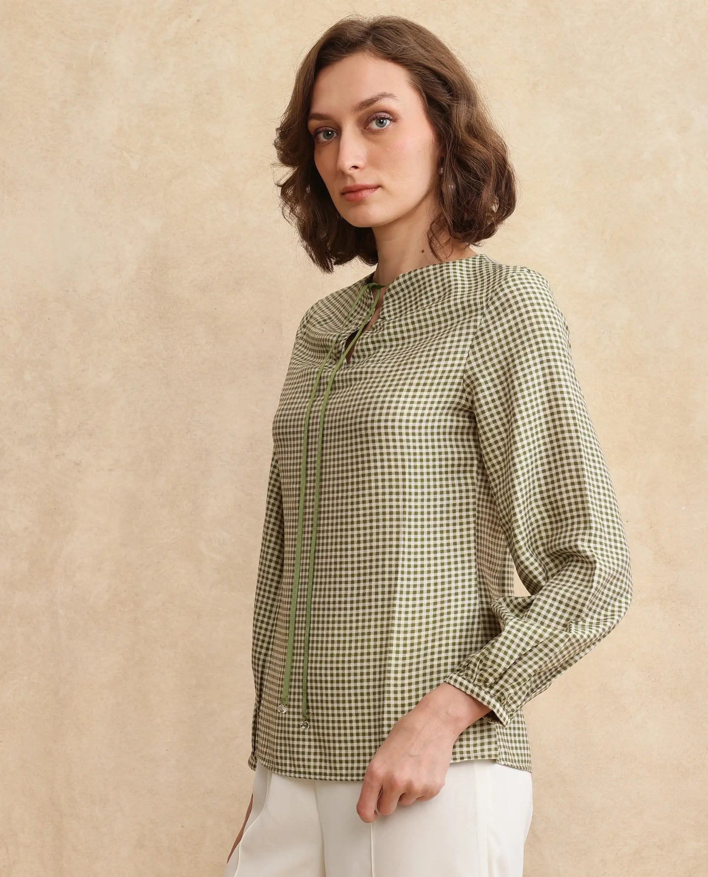 Rareism Women Erlinee Olive Bishop Sleeve Tie-Up Neck Zipper Closure Fitted Flannel Print Top