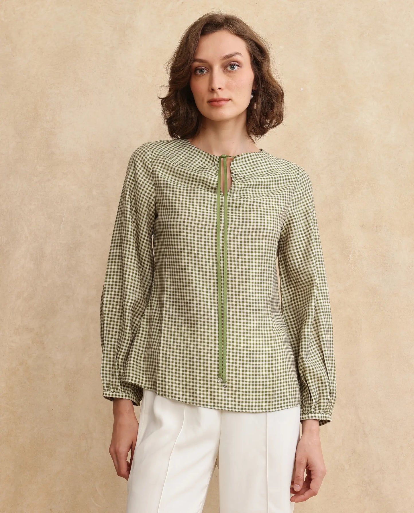 Rareism Women Erlinee Olive Bishop Sleeve Tie-Up Neck Zipper Closure Fitted Flannel Print Top