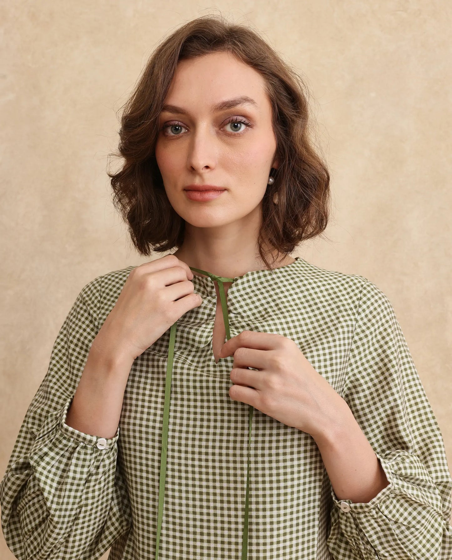 Rareism Women Erlinee Olive Bishop Sleeve Tie-Up Neck Zipper Closure Fitted Flannel Print Top