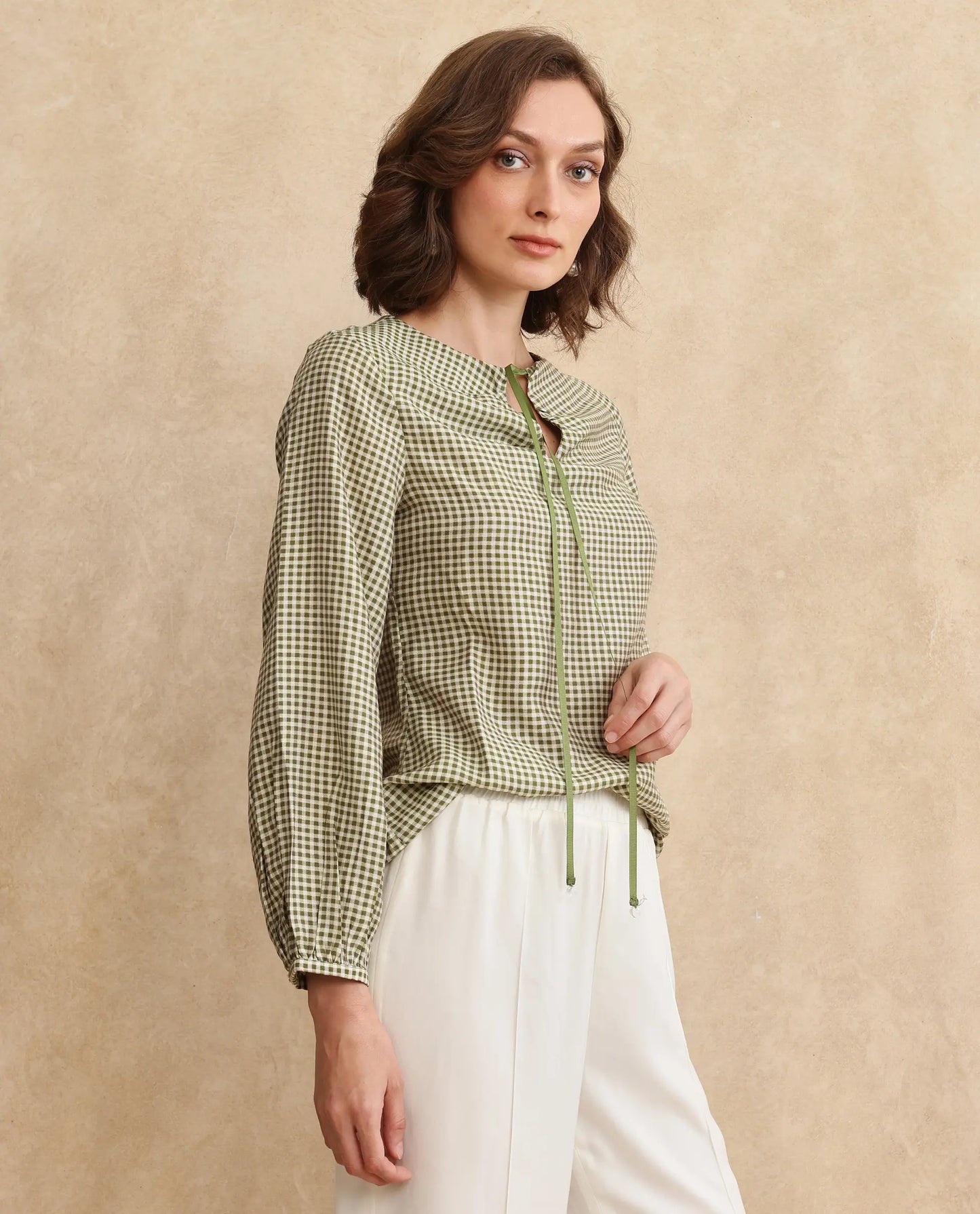 Rareism Women Erlinee Olive Bishop Sleeve Tie-Up Neck Zipper Closure Fitted Flannel Print Top