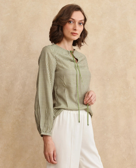 Rareism Women Erlinee Olive Bishop Sleeve Tie-Up Neck Zipper Closure Fitted Flannel Print Top