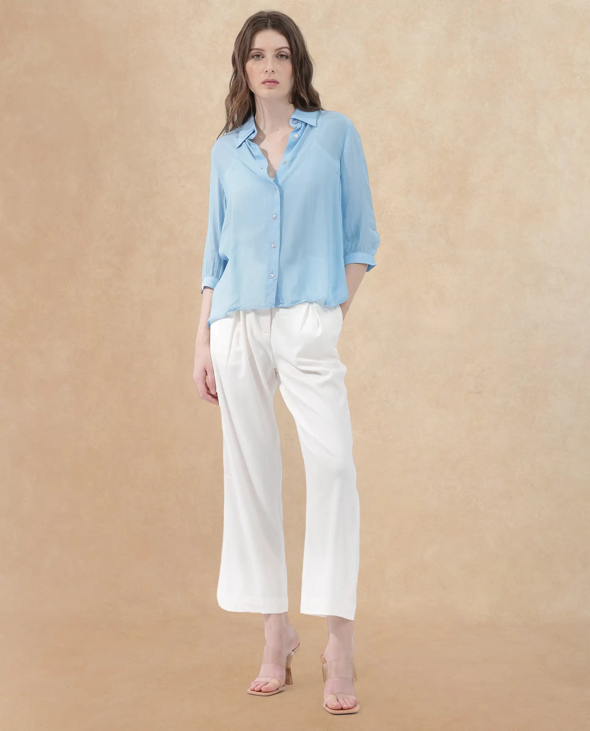 Rareism Women Faina Light Blue Viscose Fabric 3/4Th Sleeves Button Closure Shirt Collar Cuffed Sleeve Regular Fit Plain Top