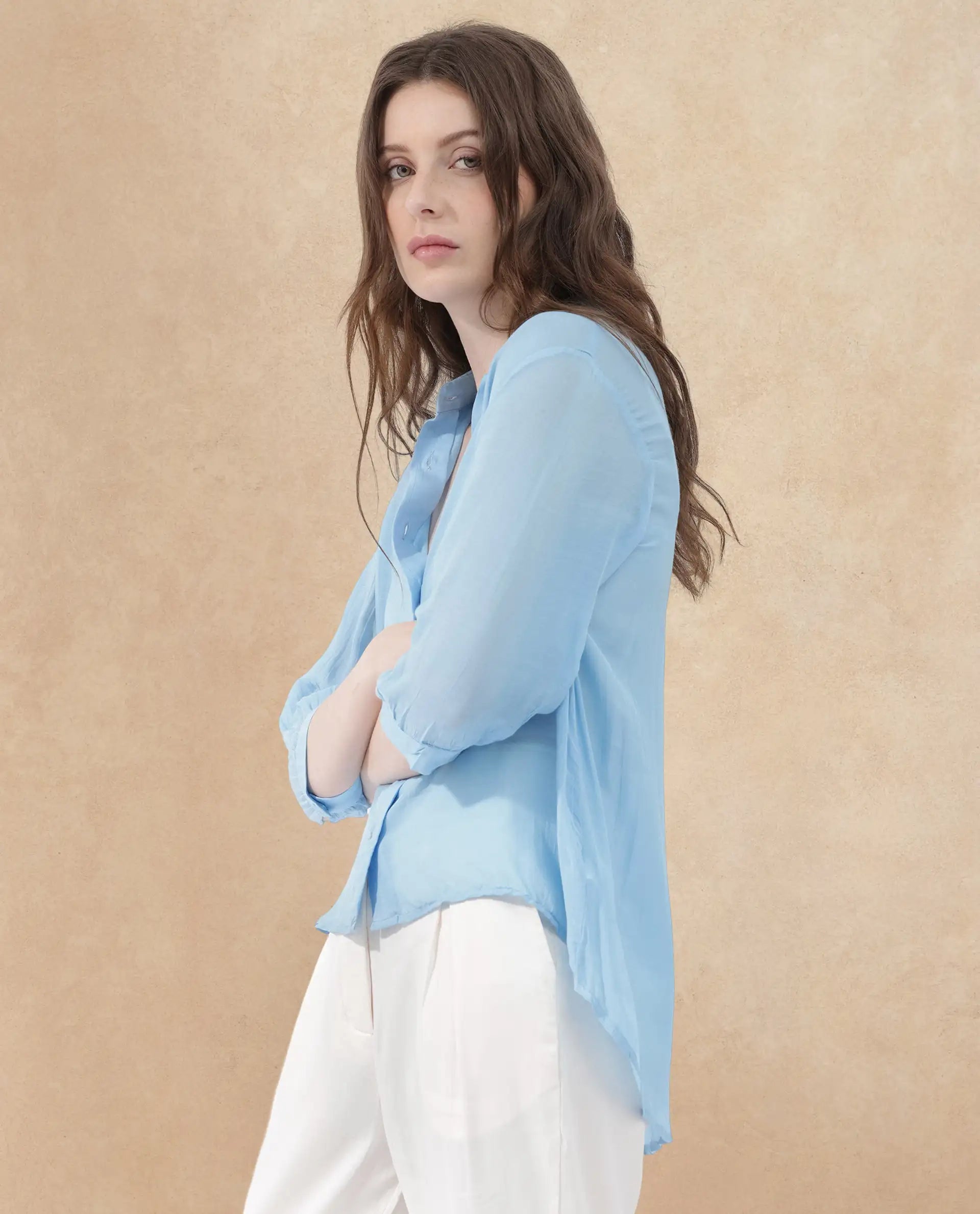 Rareism Women Faina Light Blue Viscose Fabric 3/4Th Sleeves Button Closure Shirt Collar Cuffed Sleeve Regular Fit Plain Top