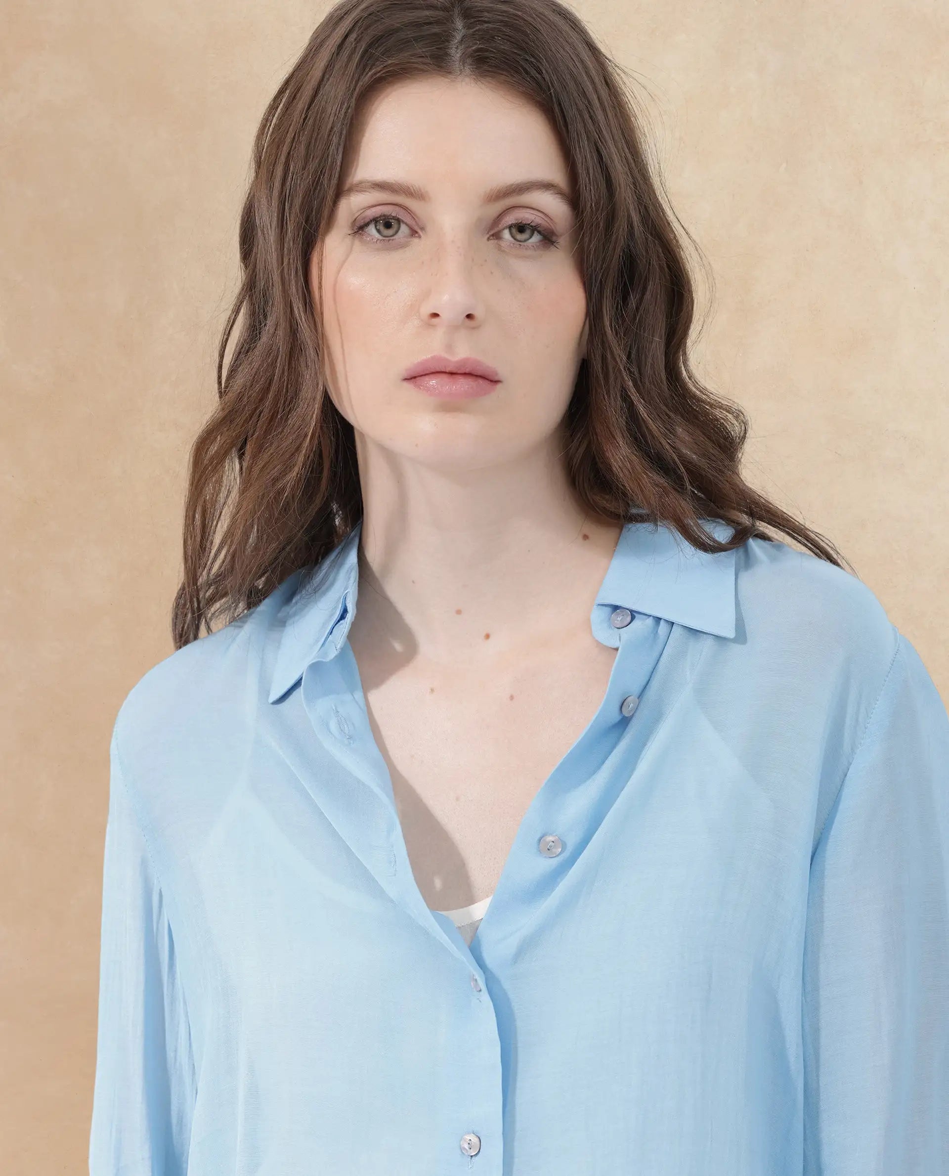 Rareism Women Faina Light Blue Viscose Fabric 3/4Th Sleeves Button Closure Shirt Collar Cuffed Sleeve Regular Fit Plain Top