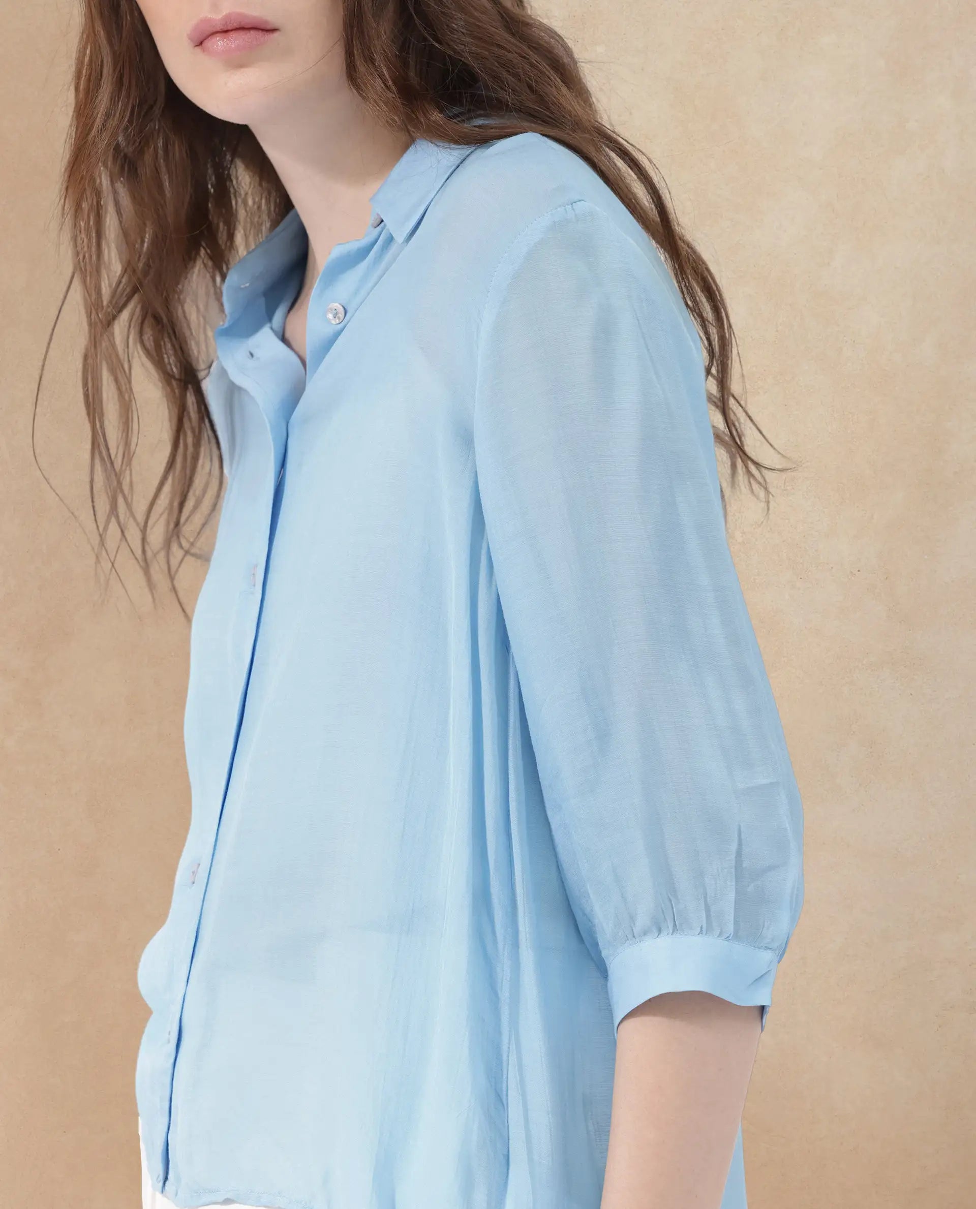 Rareism Women Faina Light Blue Viscose Fabric 3/4Th Sleeves Button Closure Shirt Collar Cuffed Sleeve Regular Fit Plain Top