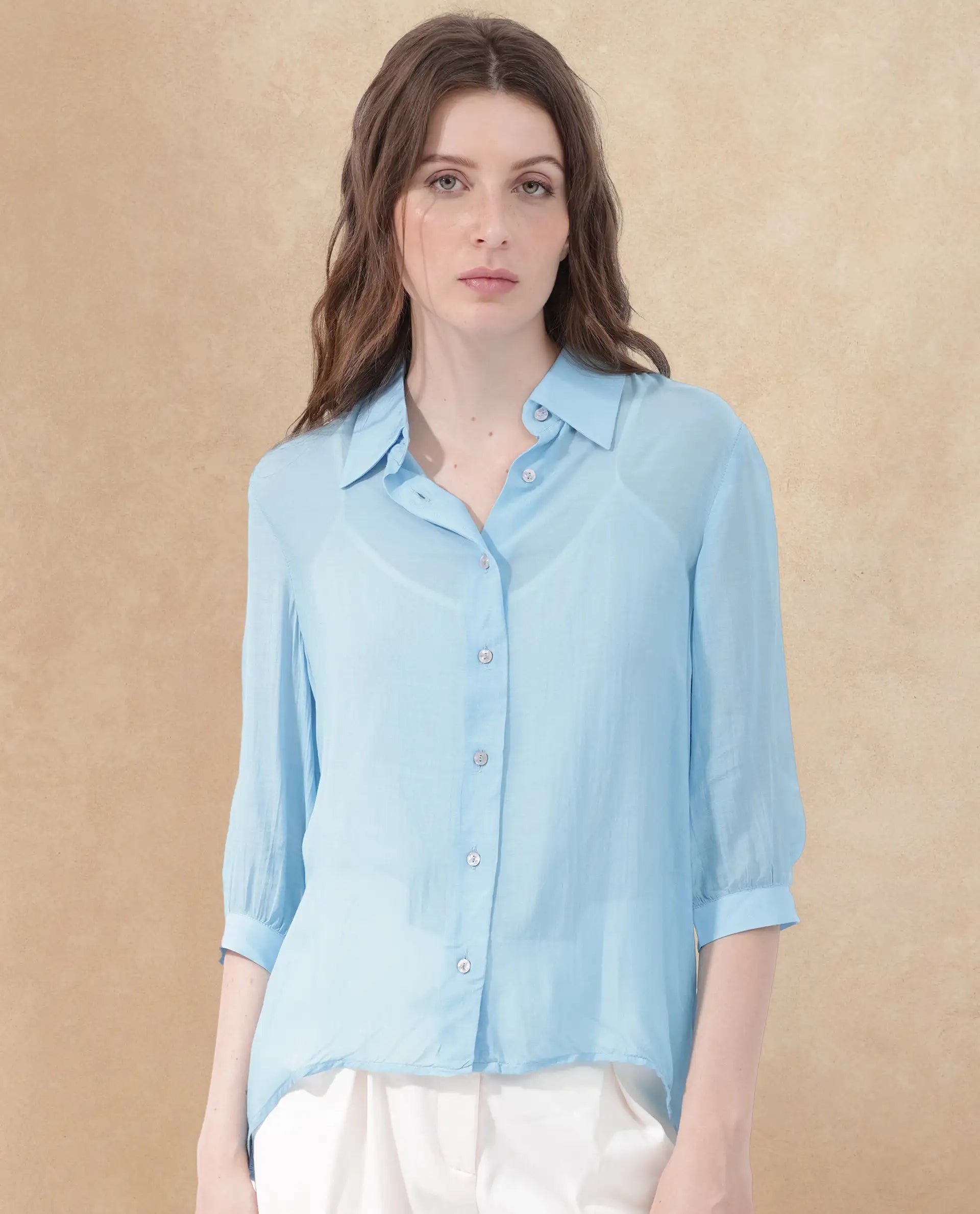 Rareism Women Faina Light Blue Viscose Fabric 3/4Th Sleeves Button Closure Shirt Collar Cuffed Sleeve Regular Fit Plain Top