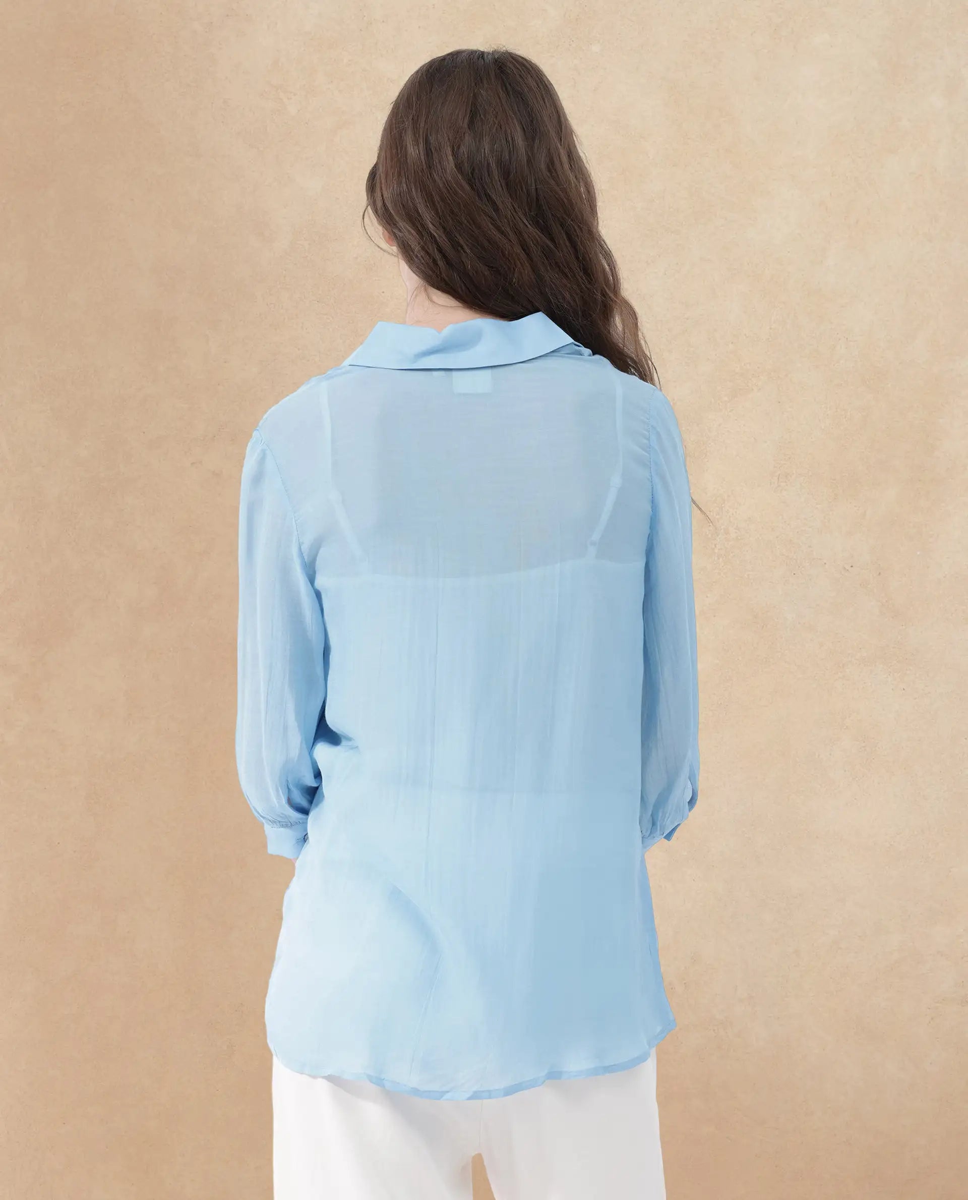 Rareism Women Faina Light Blue Viscose Fabric 3/4Th Sleeves Button Closure Shirt Collar Cuffed Sleeve Regular Fit Plain Top