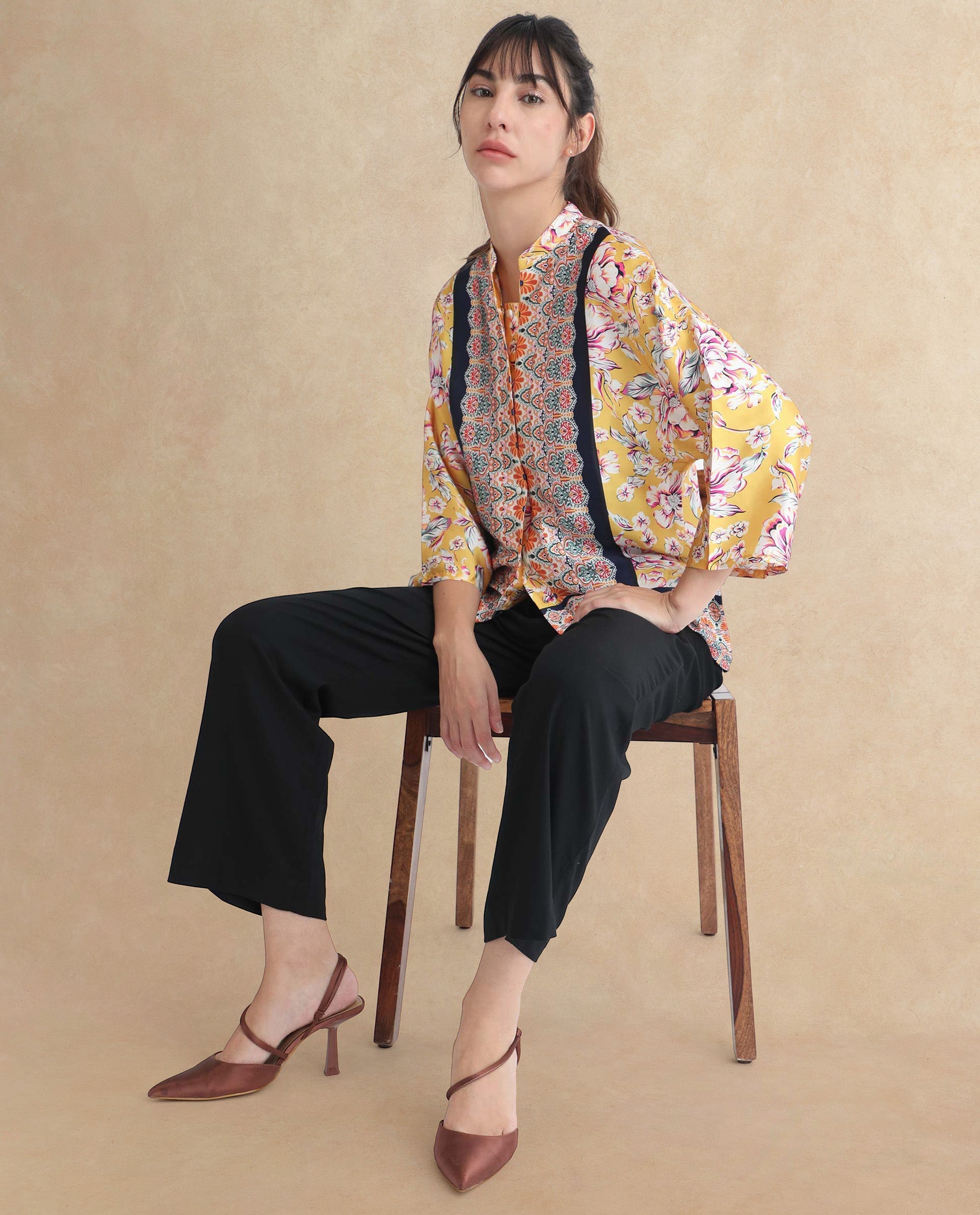 Rareism Women Falke Yellow Polyester Fabric 3/4Th Sleeves Button Closure Mandarin Collar Kimono Sleeve Regular Fit Floral Print Knee Top