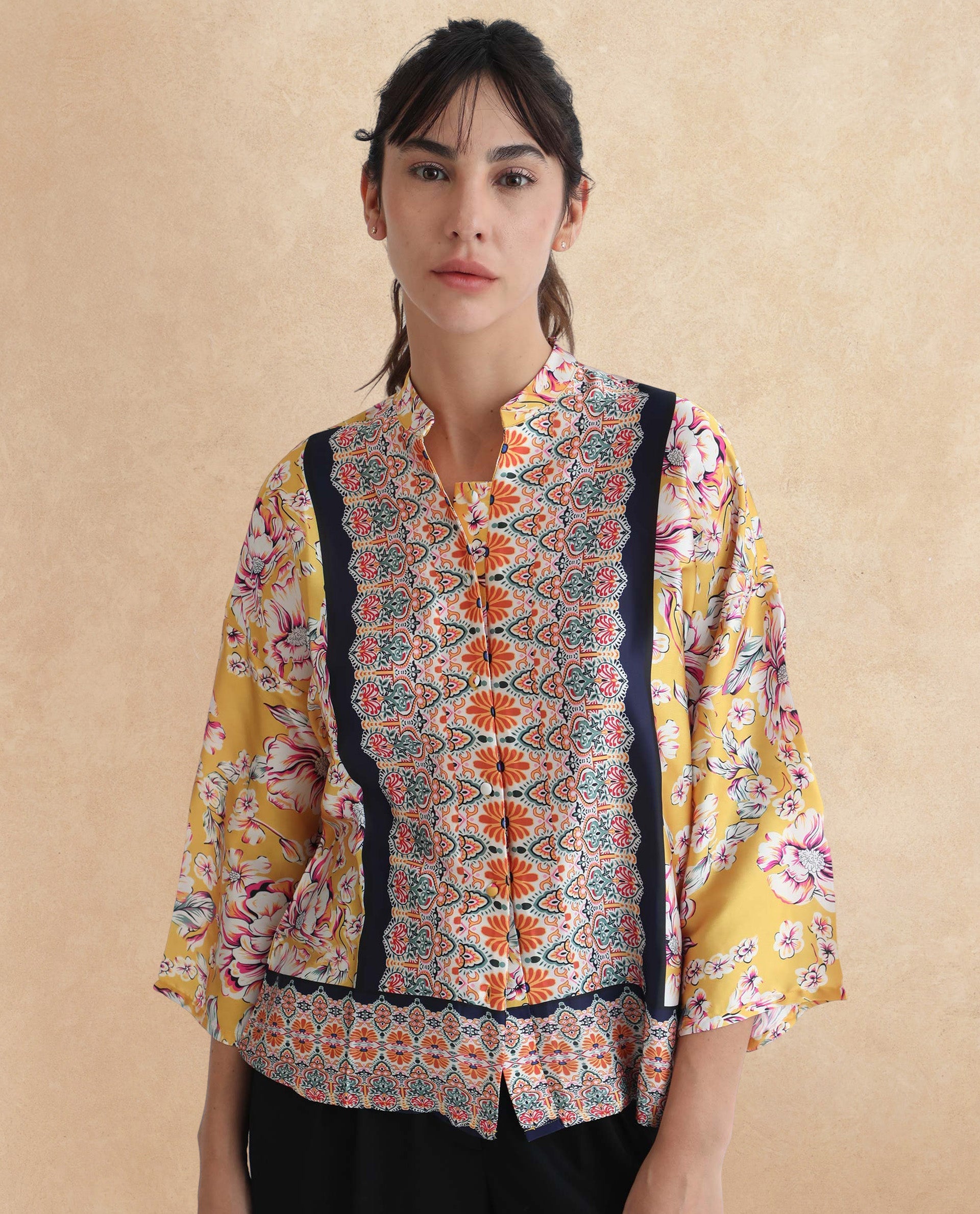 Rareism Women Falke Yellow Polyester Fabric 3/4Th Sleeves Button Closure Mandarin Collar Kimono Sleeve Regular Fit Floral Print Knee Top