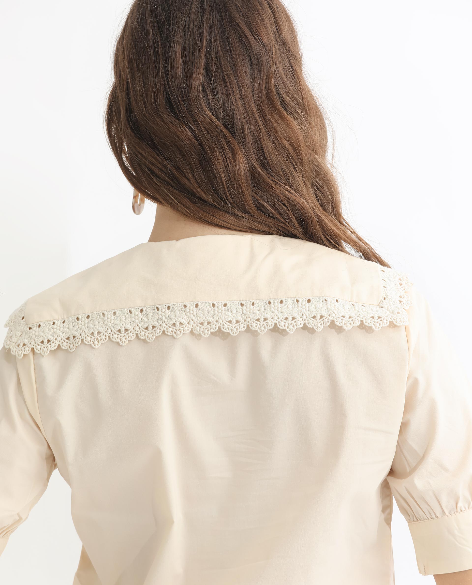 Rareism Women Farse Light Beige Polyester Fabric Regular Fit Shirt Collar Half Sleeves Solid Top