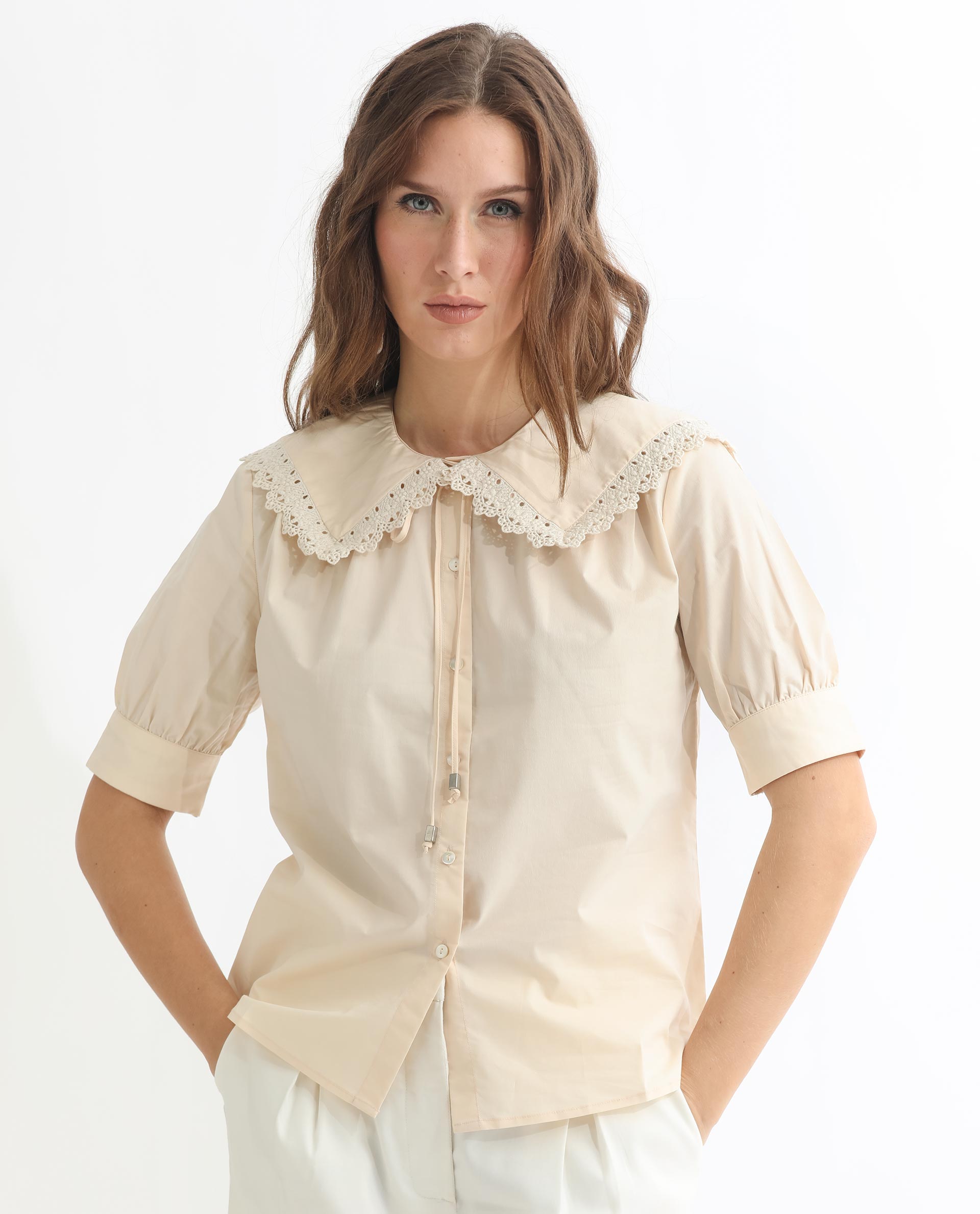 Rareism Women Farse Light Beige Polyester Fabric Regular Fit Shirt Collar Half Sleeves Solid Top