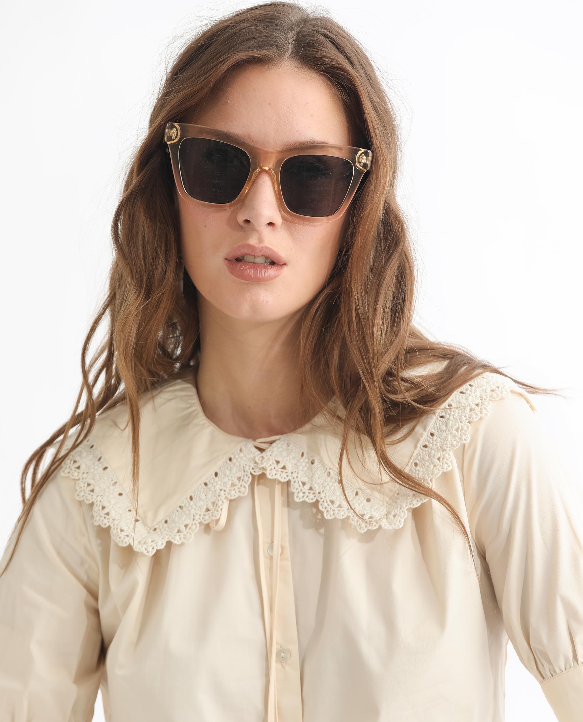 Rareism Women Farse Light Beige Polyester Fabric Regular Fit Shirt Collar Half Sleeves Solid Top