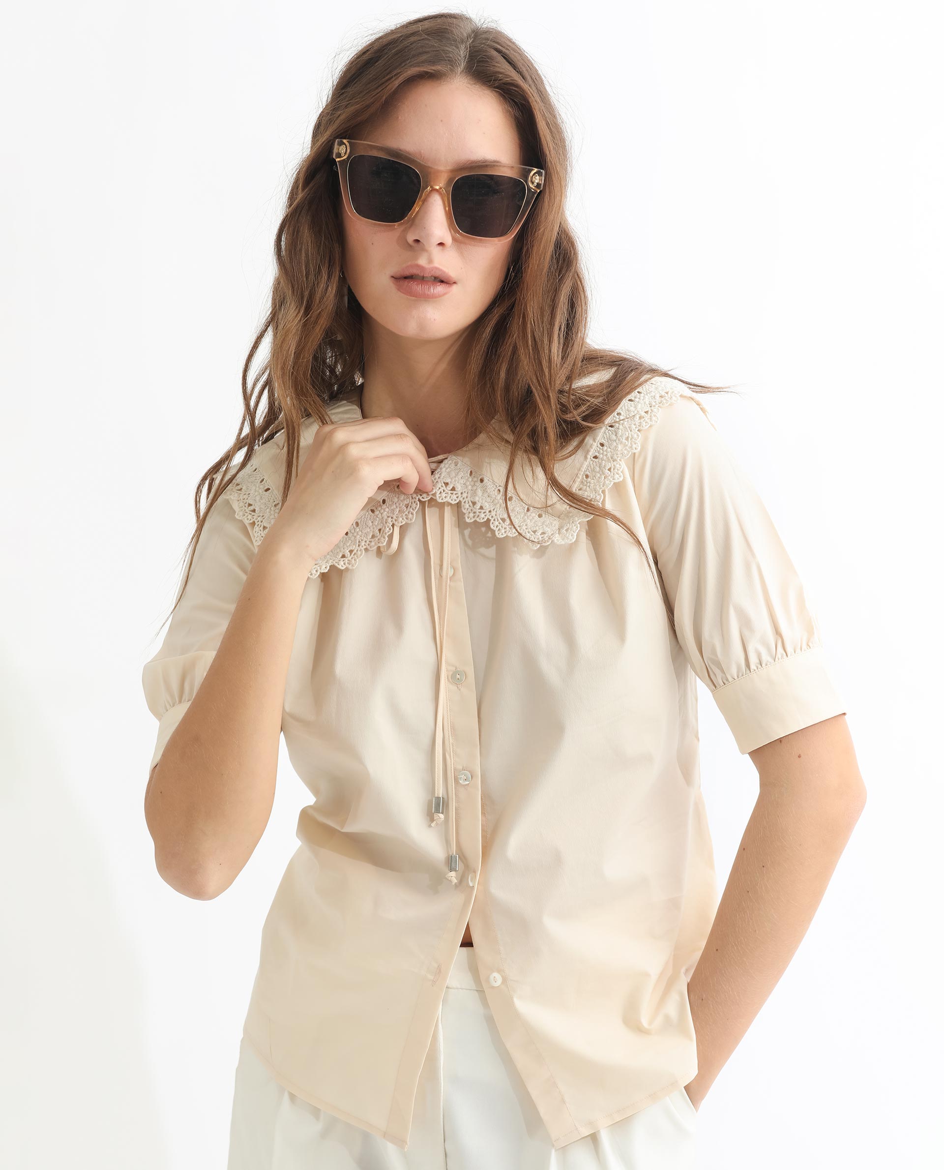 Rareism Women Farse Light Beige Polyester Fabric Regular Fit Shirt Collar Half Sleeves Solid Top