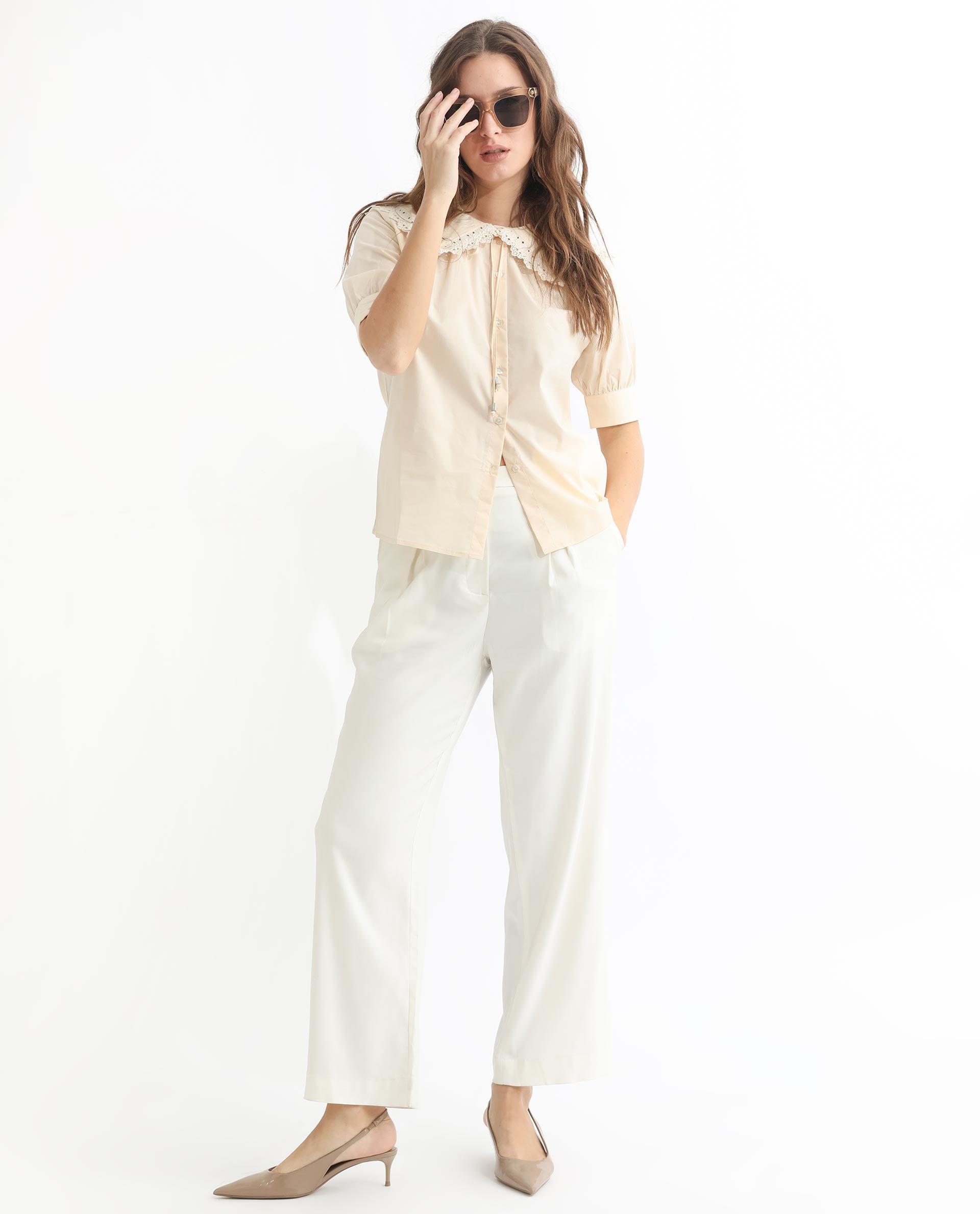 Rareism Women Farse Light Beige Polyester Fabric Regular Fit Shirt Collar Half Sleeves Solid Top