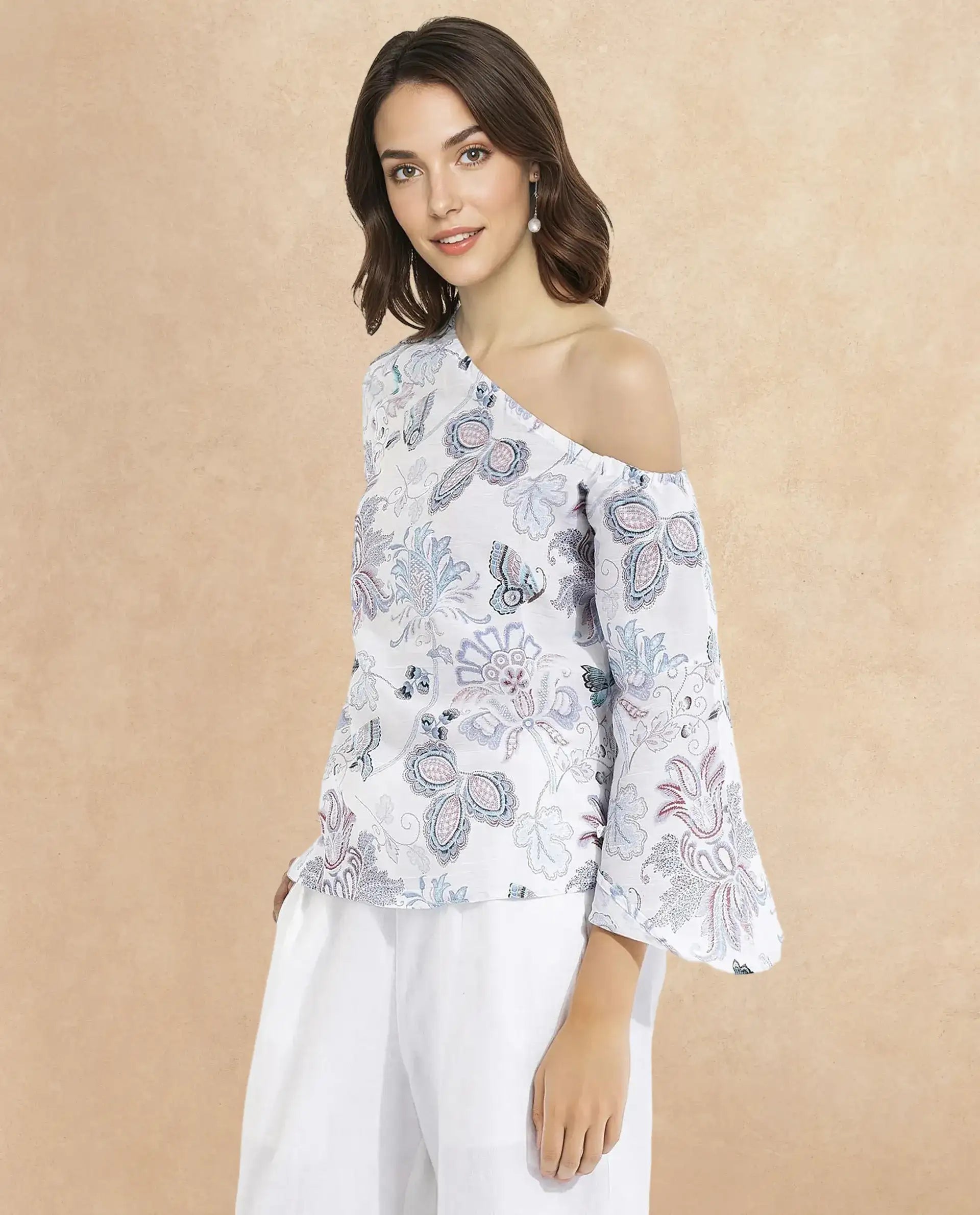 Rareism Women Feightono Light Multi Full Sleeve One Shoulder Paisley Print Top