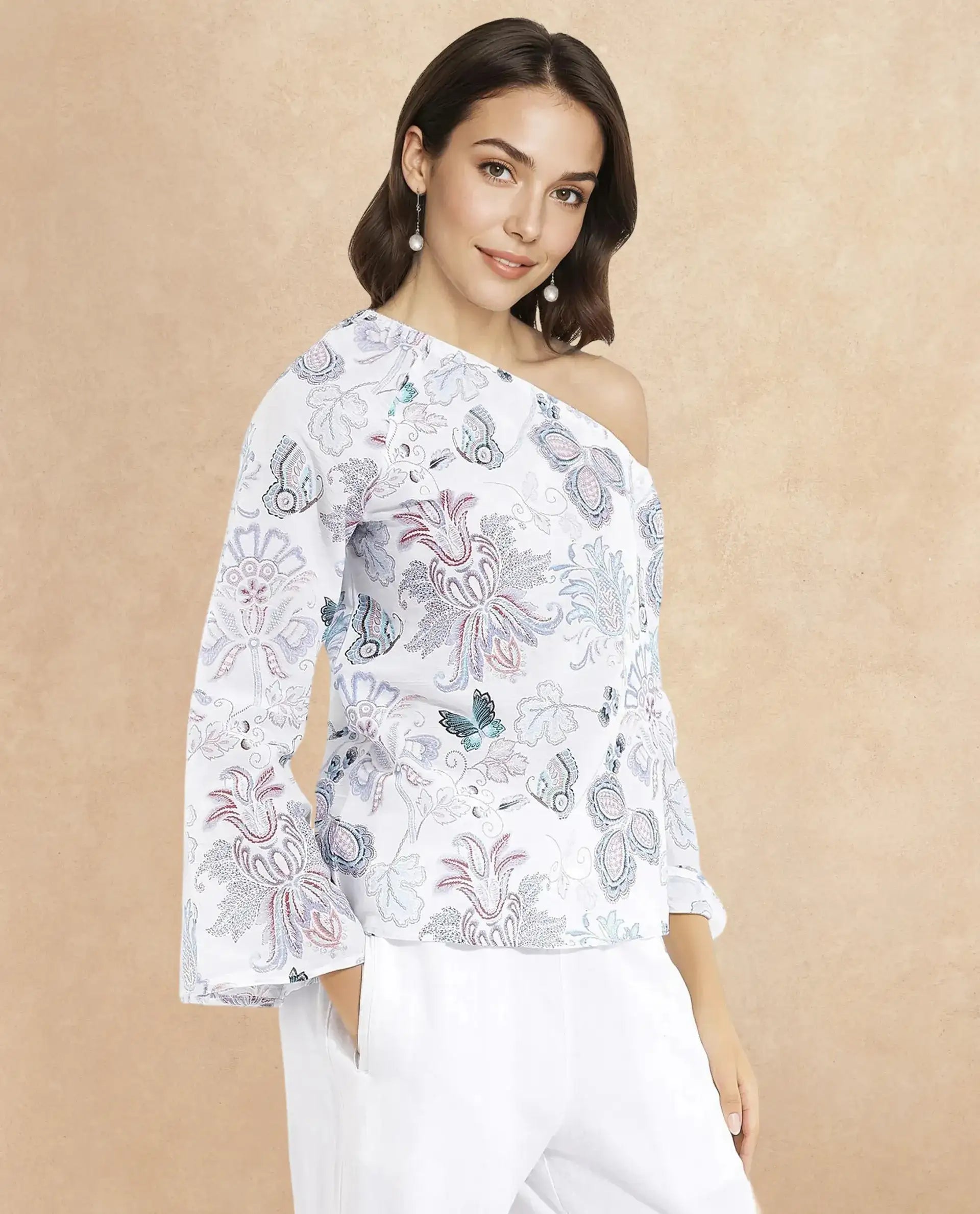 Rareism Women Feightono Light Multi Full Sleeve One Shoulder Paisley Print Top