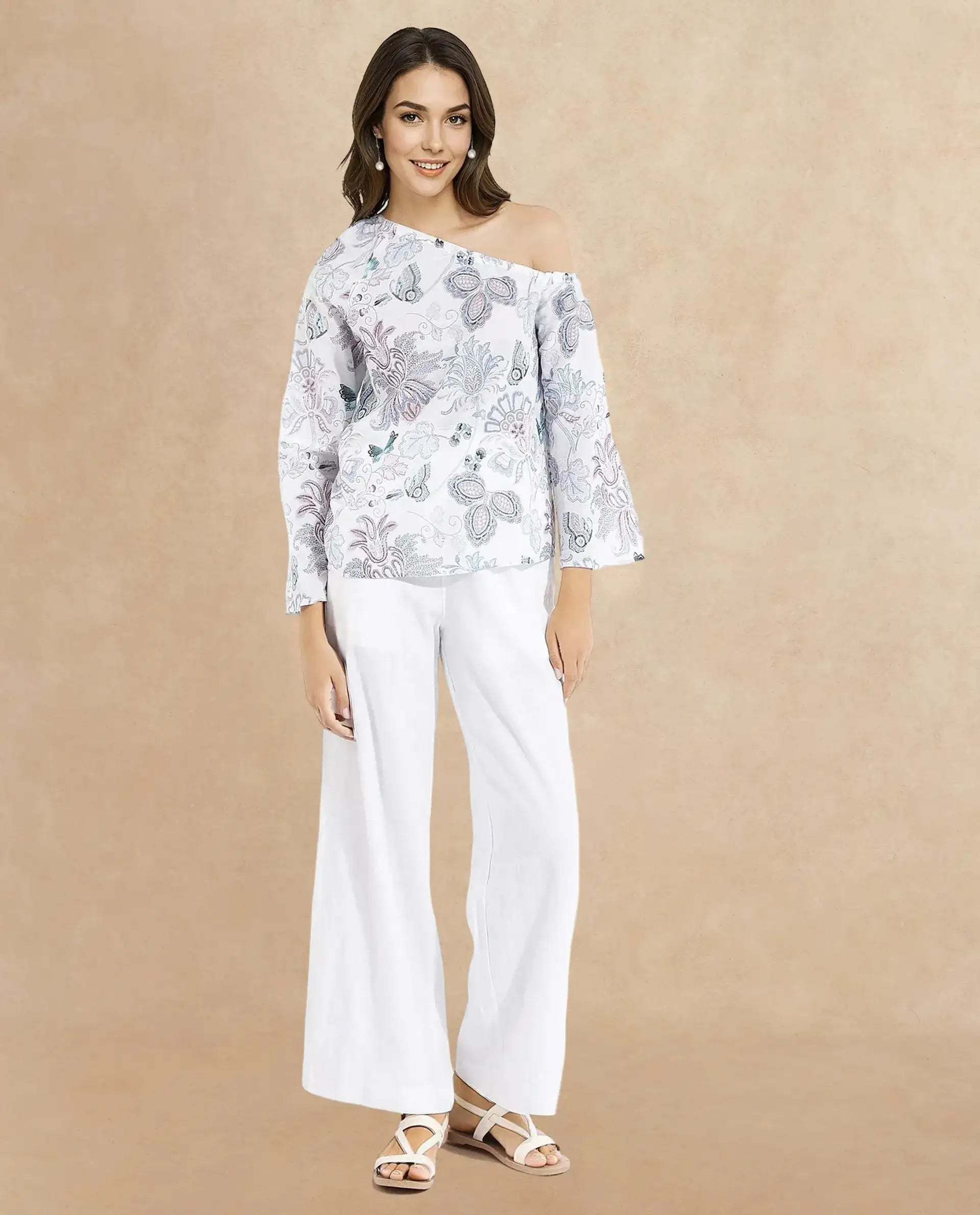 Rareism Women Feightono Light Multi Full Sleeve One Shoulder Paisley Print Top