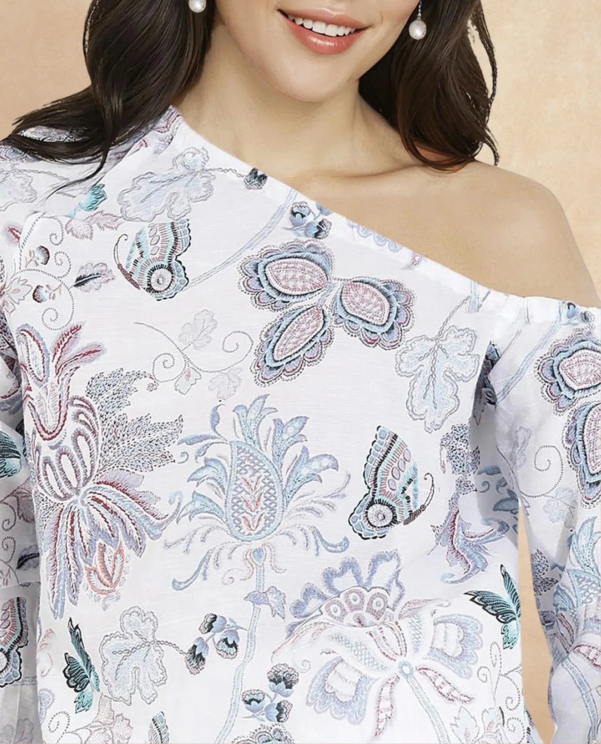 Rareism Women Feightono Light Multi Full Sleeve One Shoulder Paisley Print Top