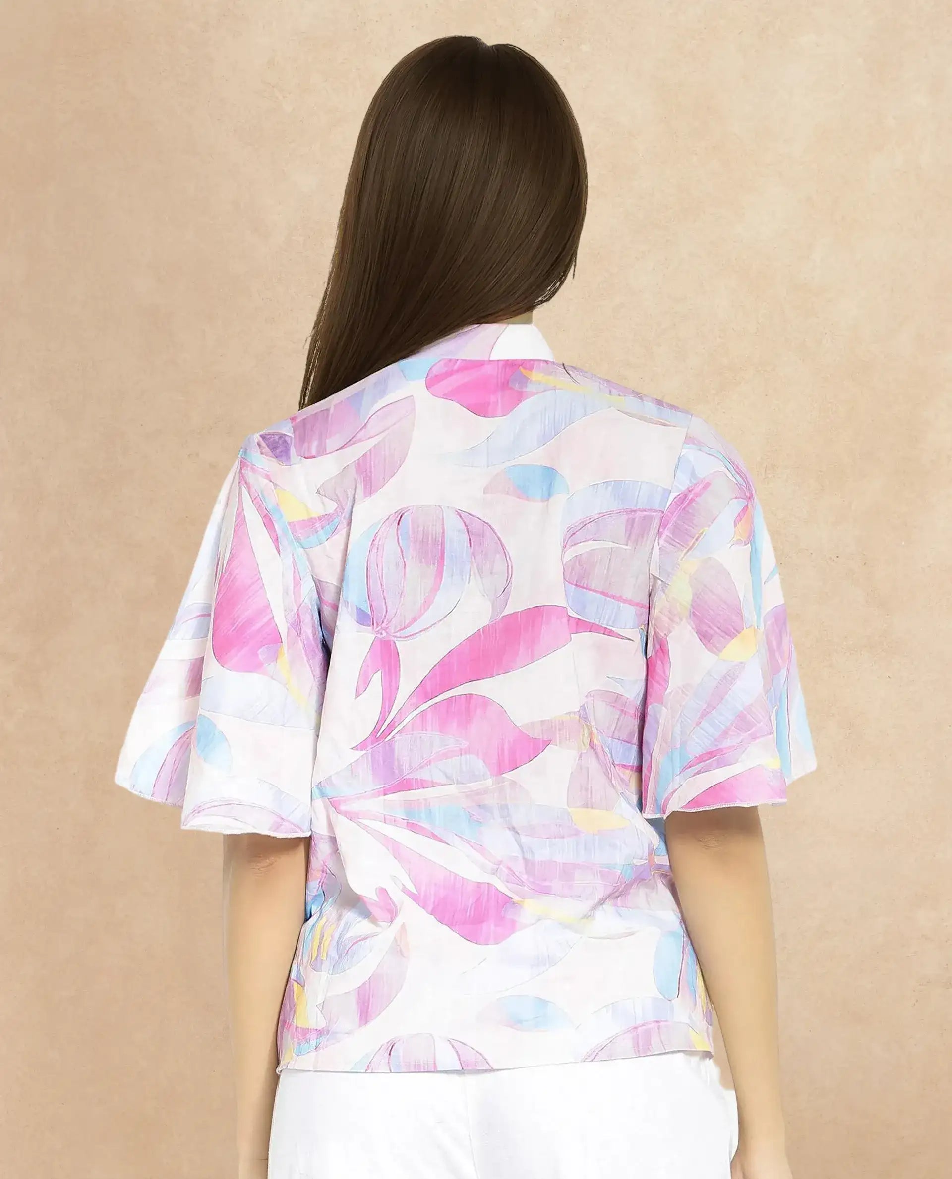 Rareism Women Feli Pink Ruffled Sleeves Ruffled Neck Button Abstract Print Top