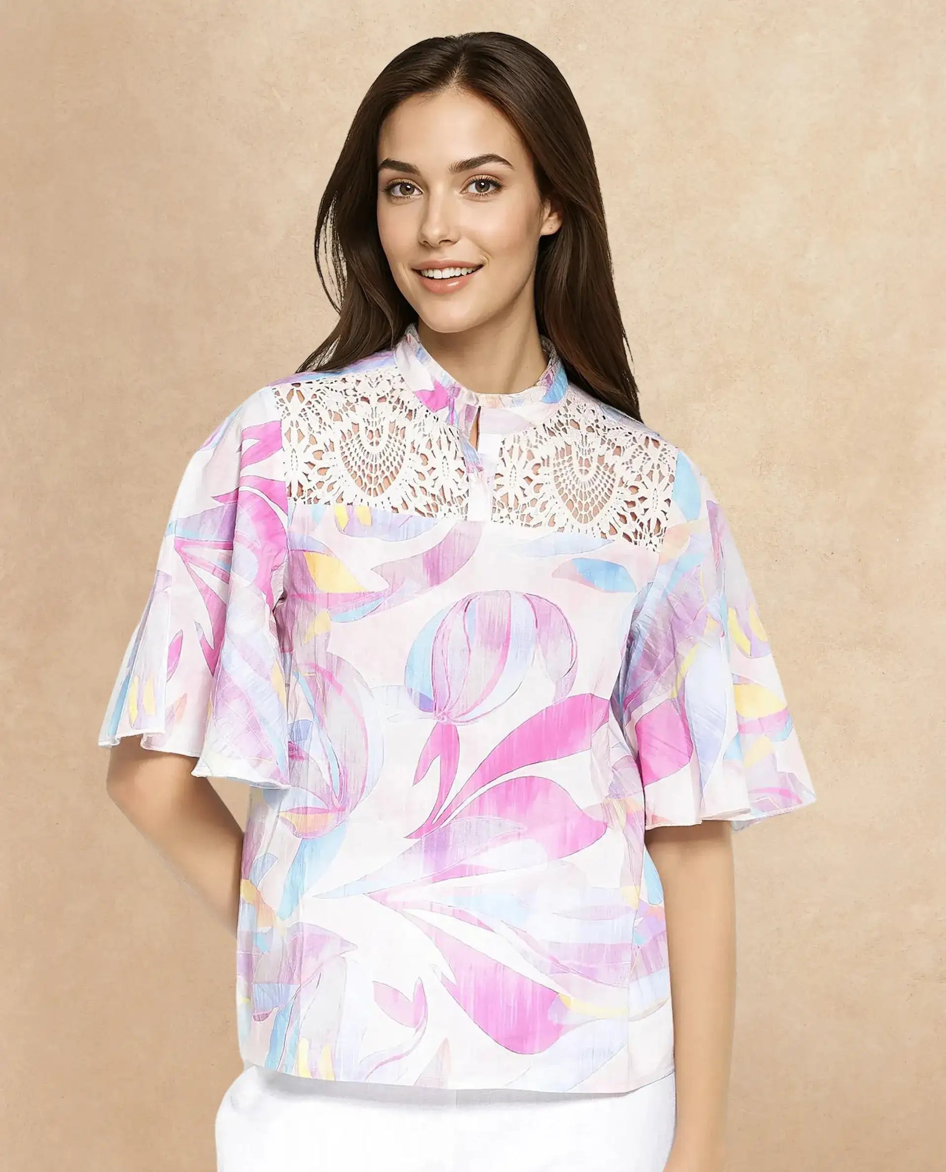 Rareism Women Feli Pink Ruffled Sleeves Ruffled Neck Button Abstract Print Top