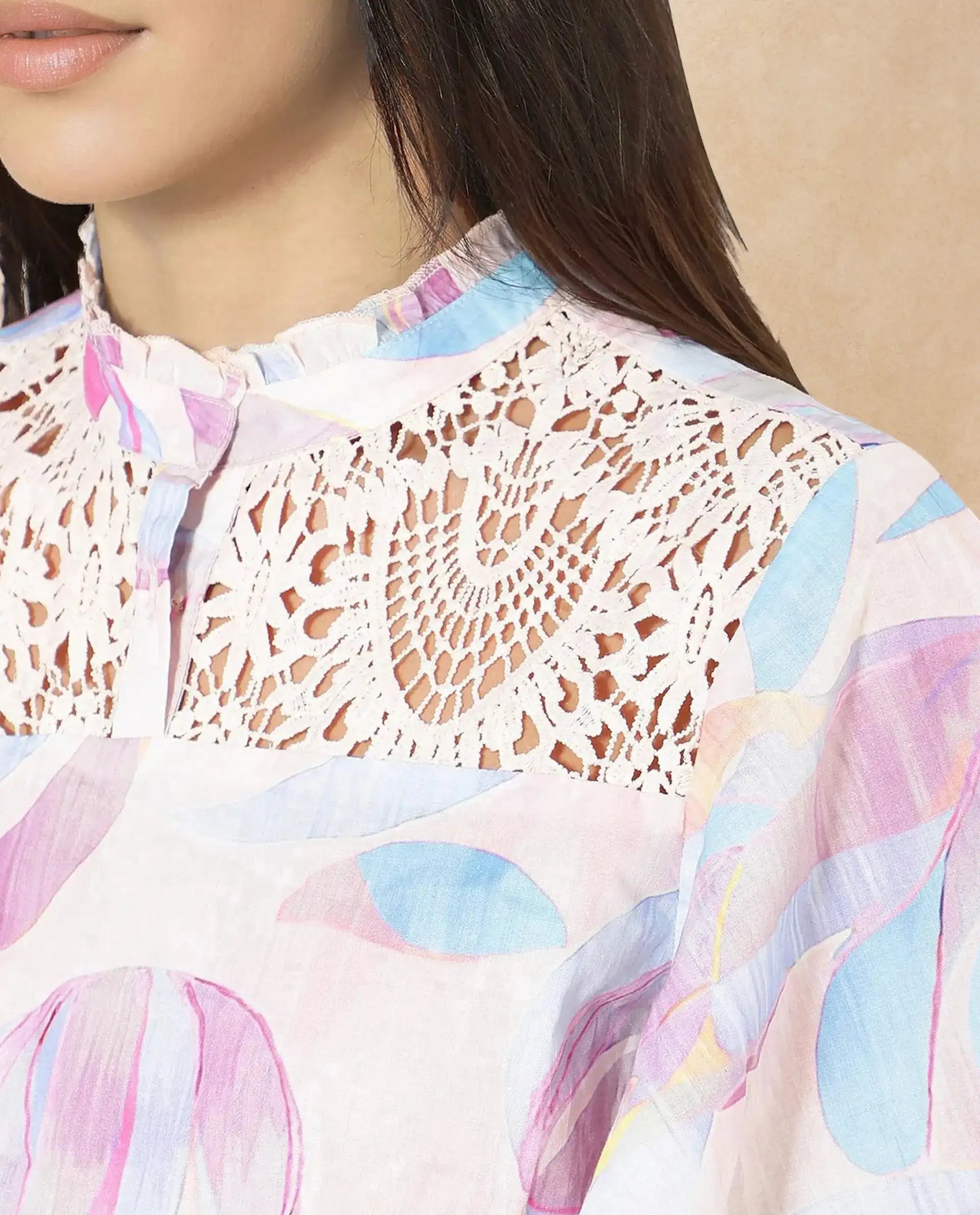 Rareism Women Feli Pink Ruffled Sleeves Ruffled Neck Button Abstract Print Top