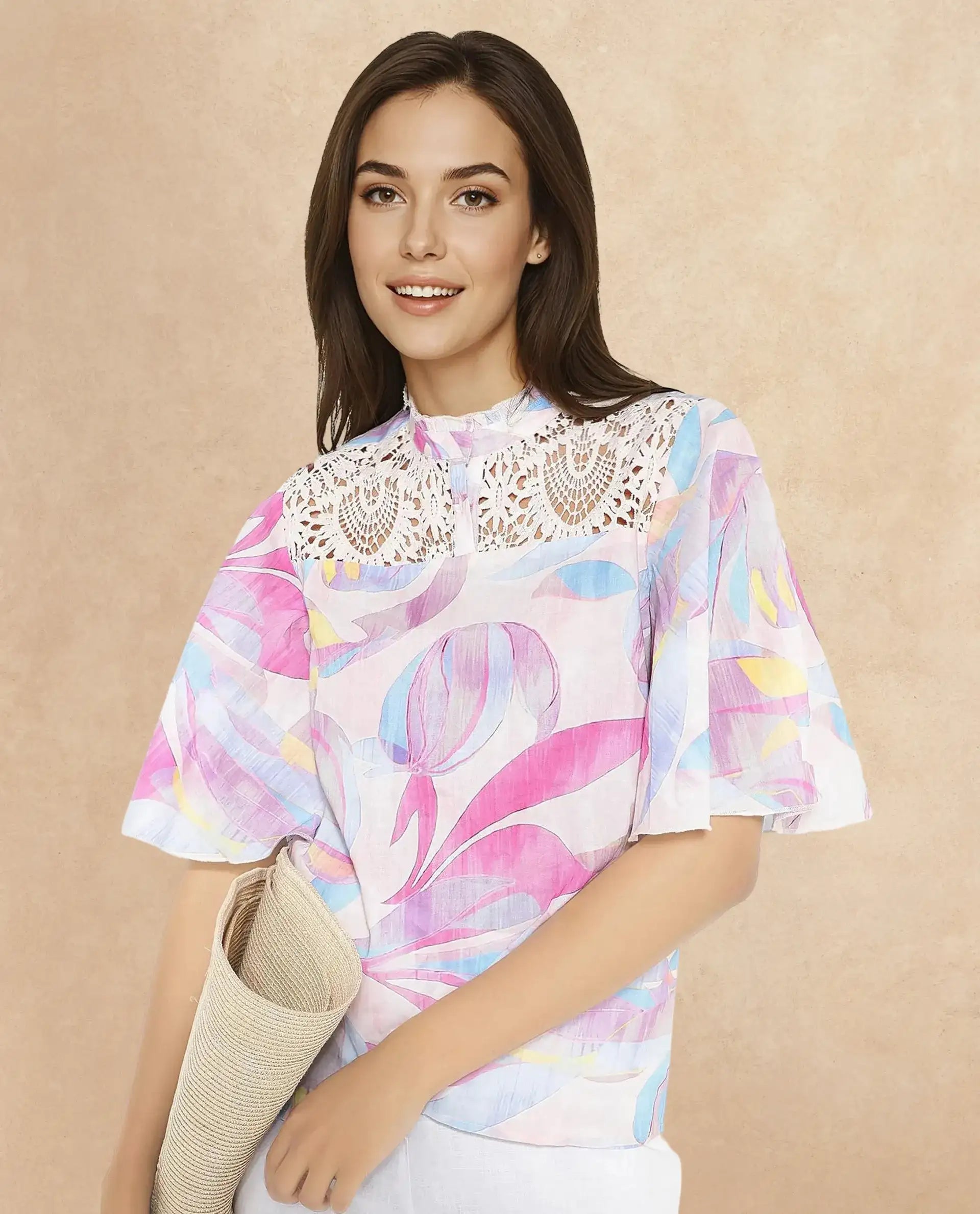 Rareism Women Feli Pink Ruffled Sleeves Ruffled Neck Button Abstract Print Top