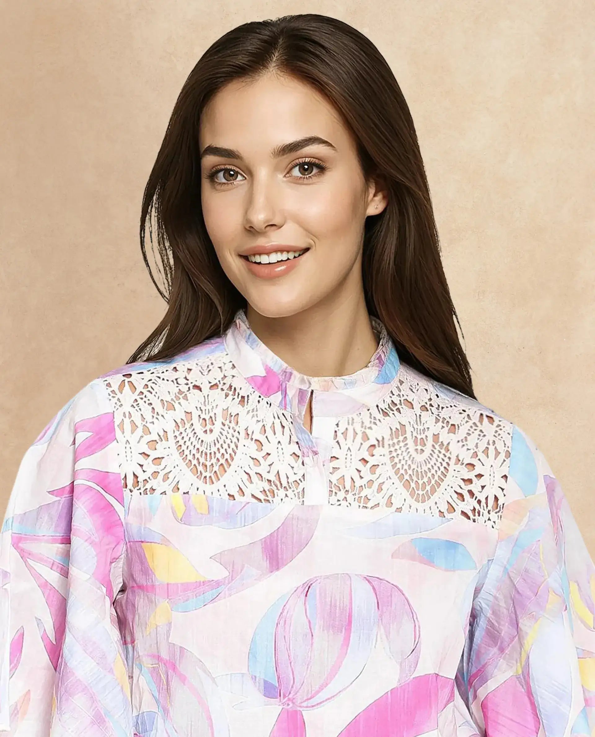 Rareism Women Feli Pink Ruffled Sleeves Ruffled Neck Button Abstract Print Top