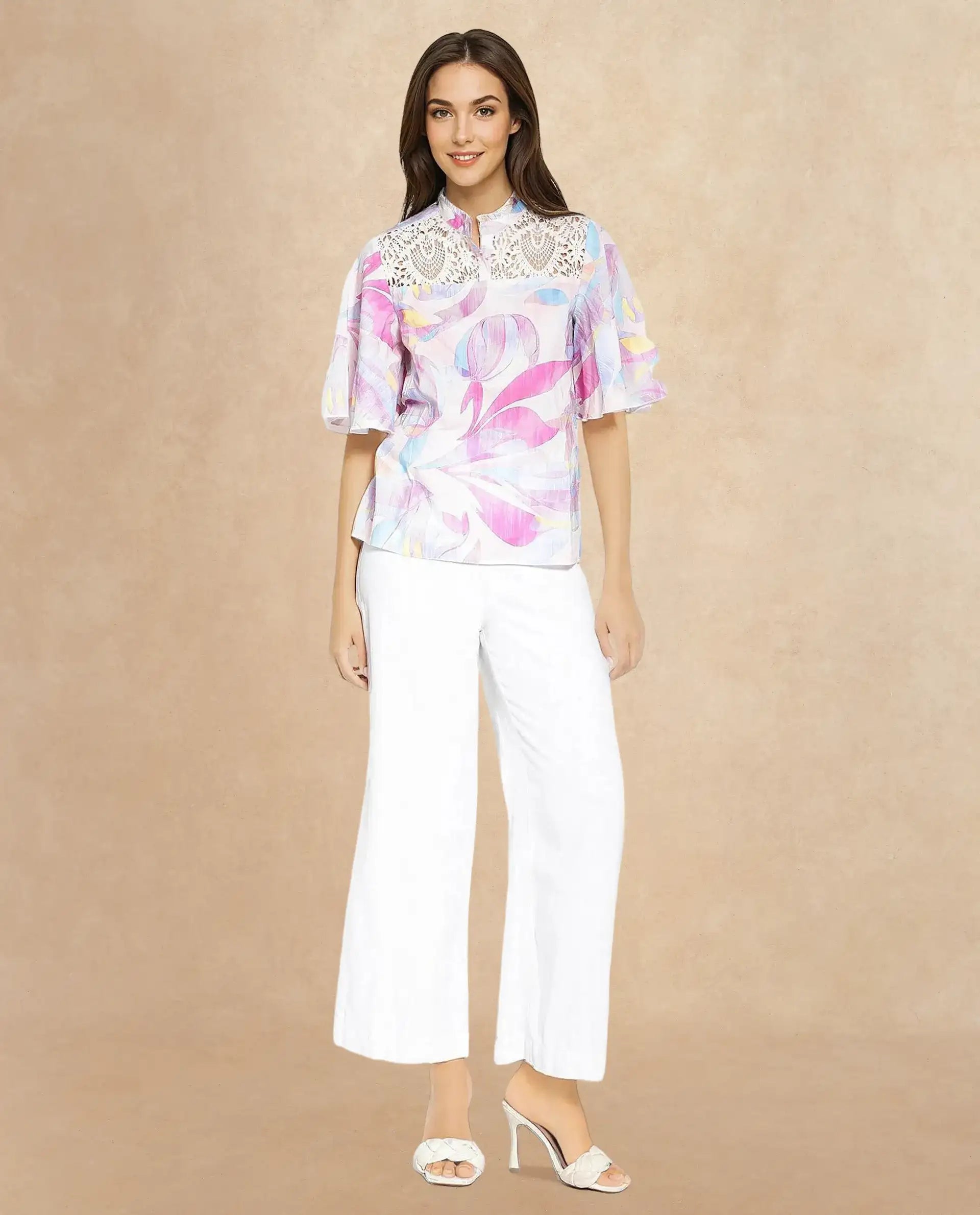 Rareism Women Feli Pink Ruffled Sleeves Ruffled Neck Button Abstract Print Top