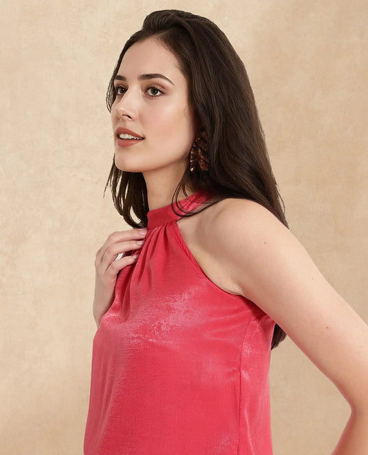 Rareism Women Floren Light Orange Sleeveless Halter Neck Plain Top