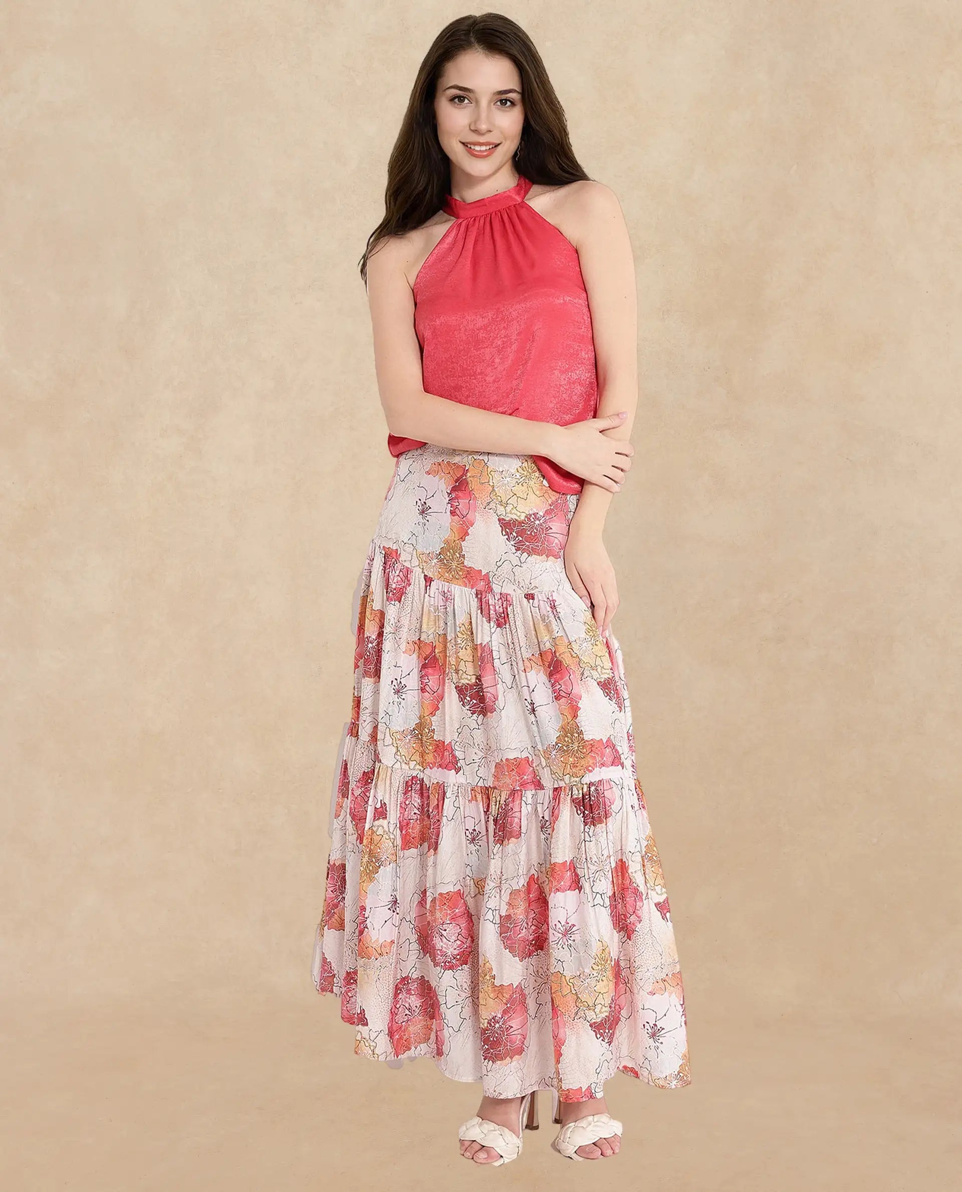 Rareism Women Floren Light Orange Sleeveless Halter Neck Plain Top