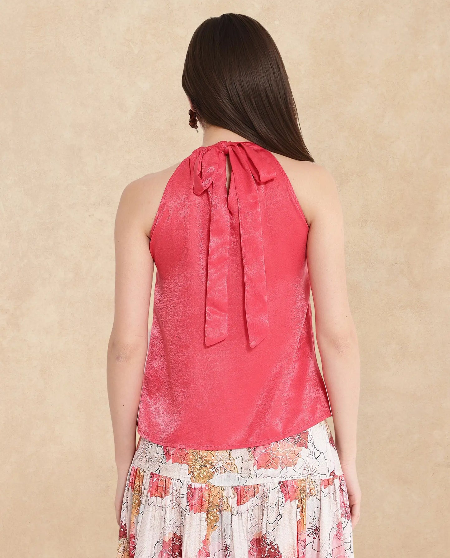Rareism Women Floren Light Orange Sleeveless Halter Neck Plain Top