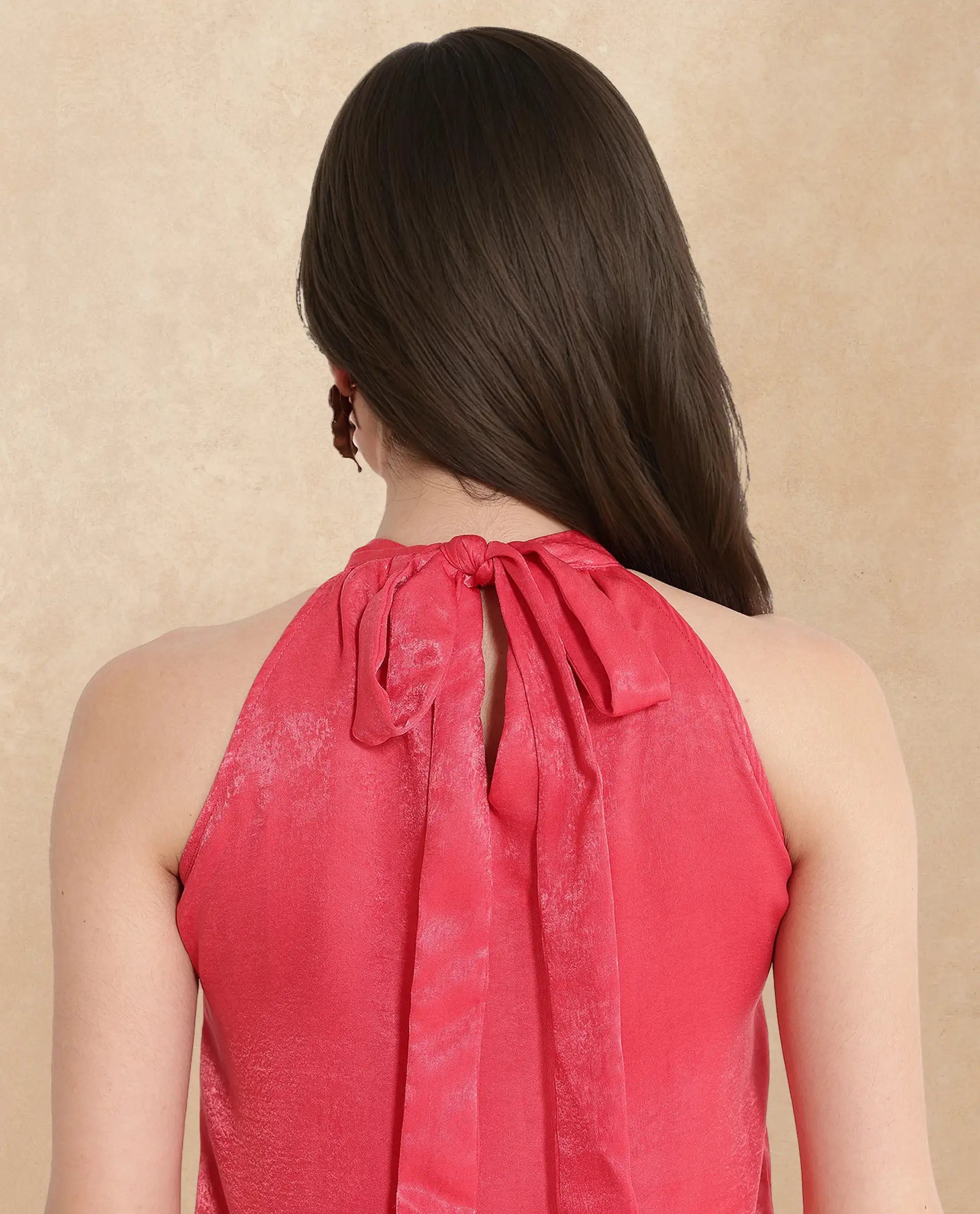 Rareism Women Floren Light Orange Sleeveless Halter Neck Plain Top