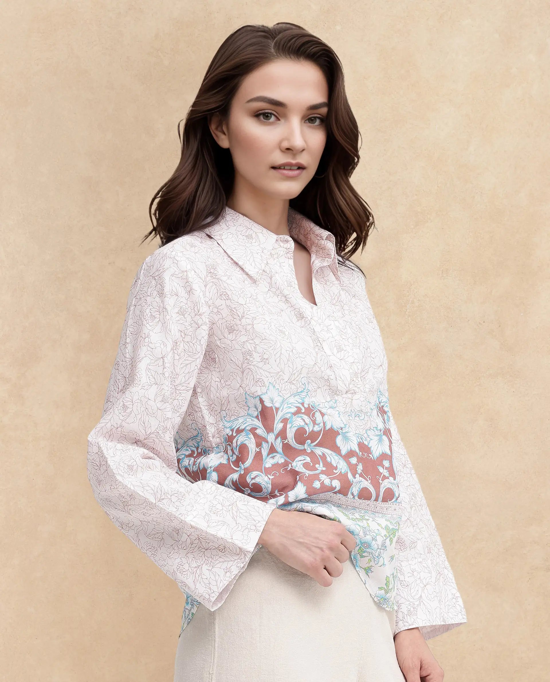 Rareism Women Fofianie Light Brown Bell Sleeves Collared Collar Abstract Print Top