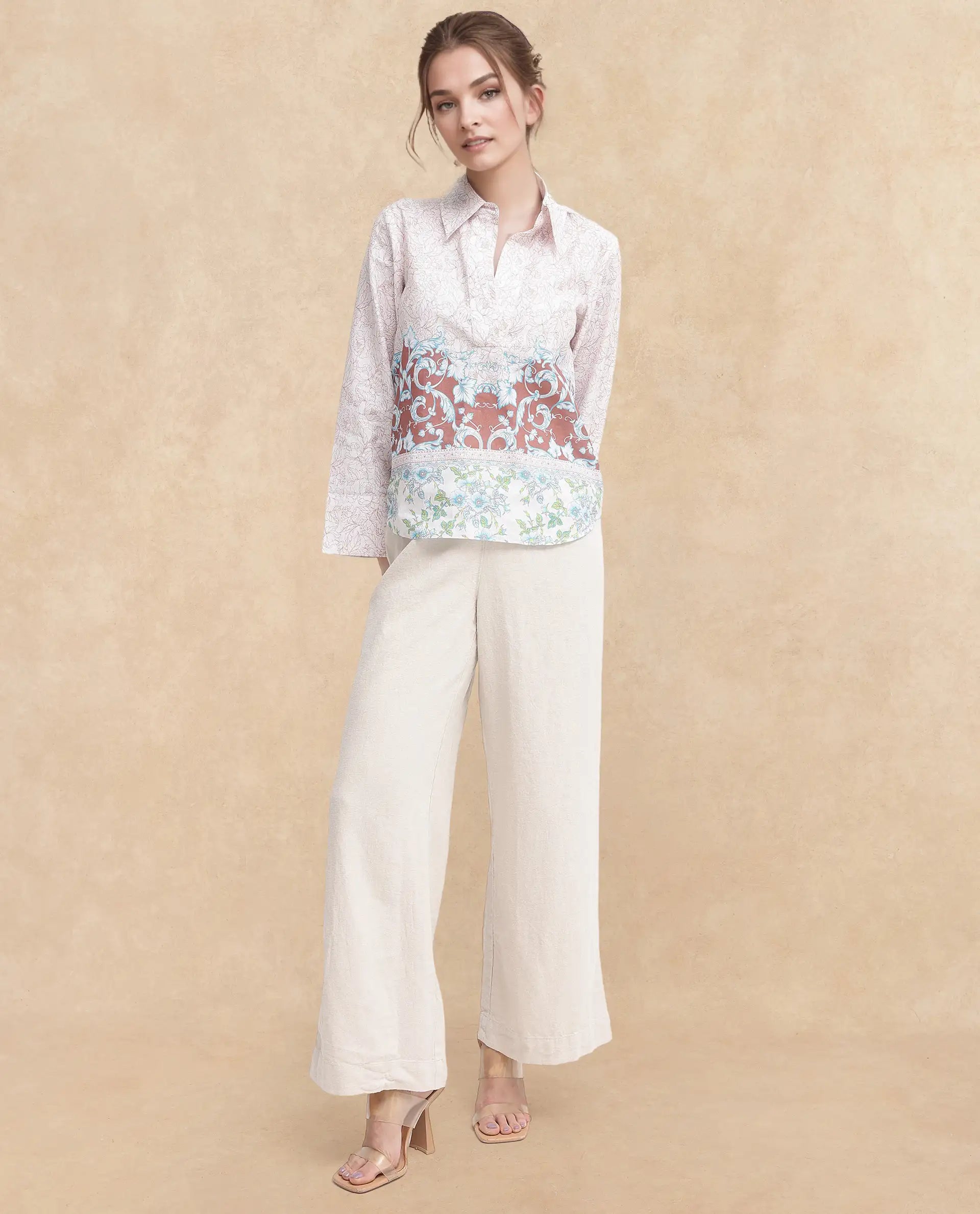 Rareism Women Fofianie Light Brown Bell Sleeves Collared Collar Abstract Print Top