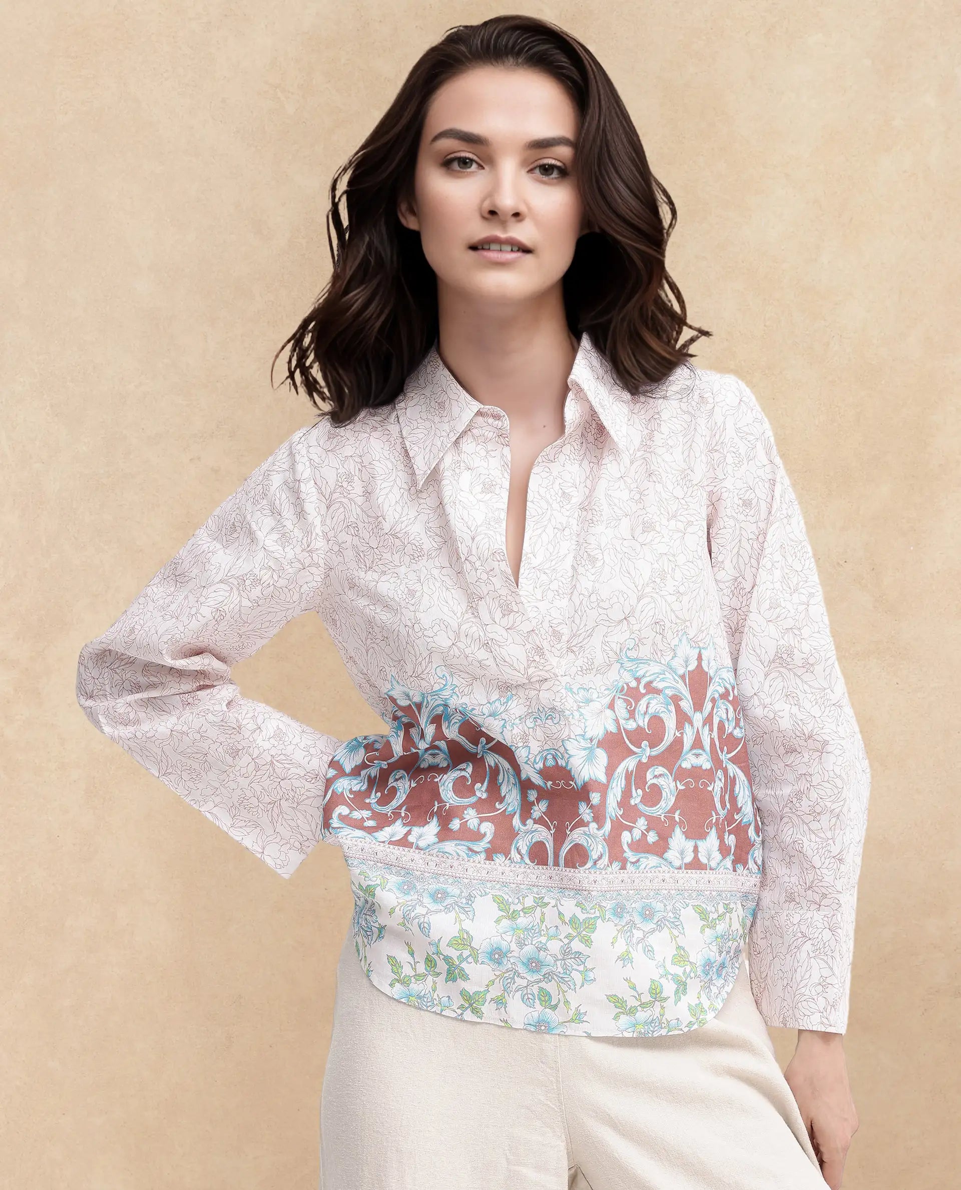 Rareism Women Fofianie Light Brown Bell Sleeves Collared Collar Abstract Print Top