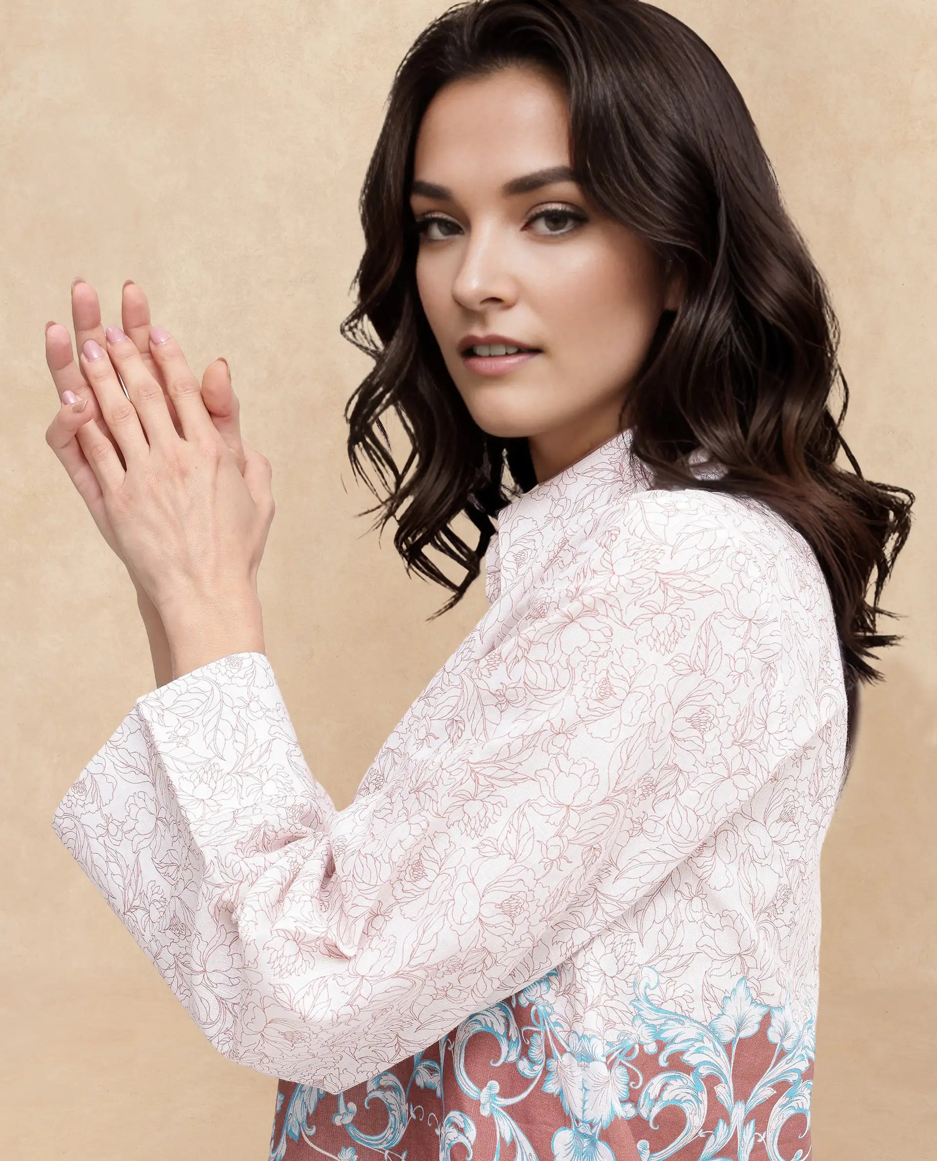 Rareism Women Fofianie Light Brown Bell Sleeves Collared Collar Abstract Print Top