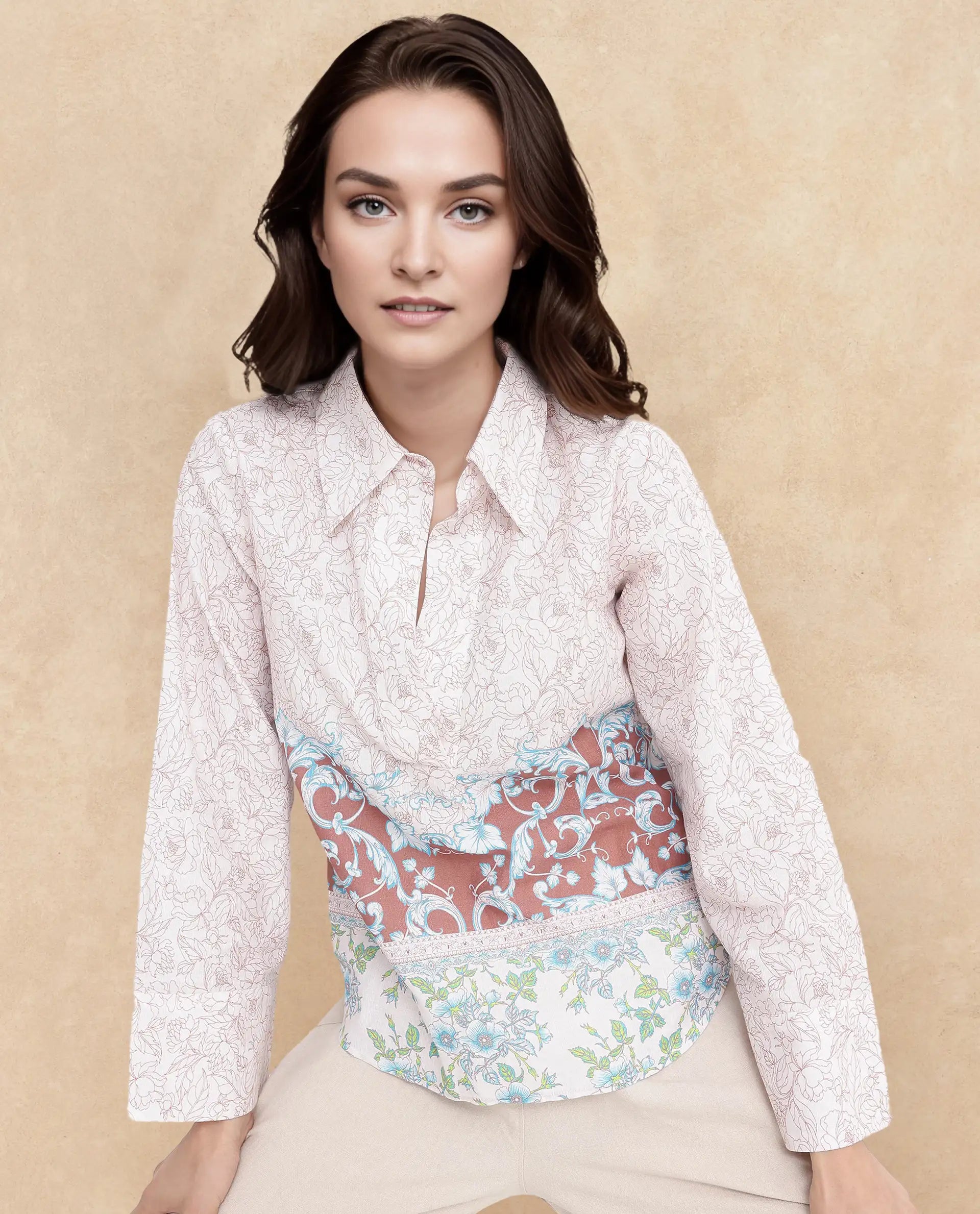 Rareism Women Fofianie Light Brown Bell Sleeves Collared Collar Abstract Print Top