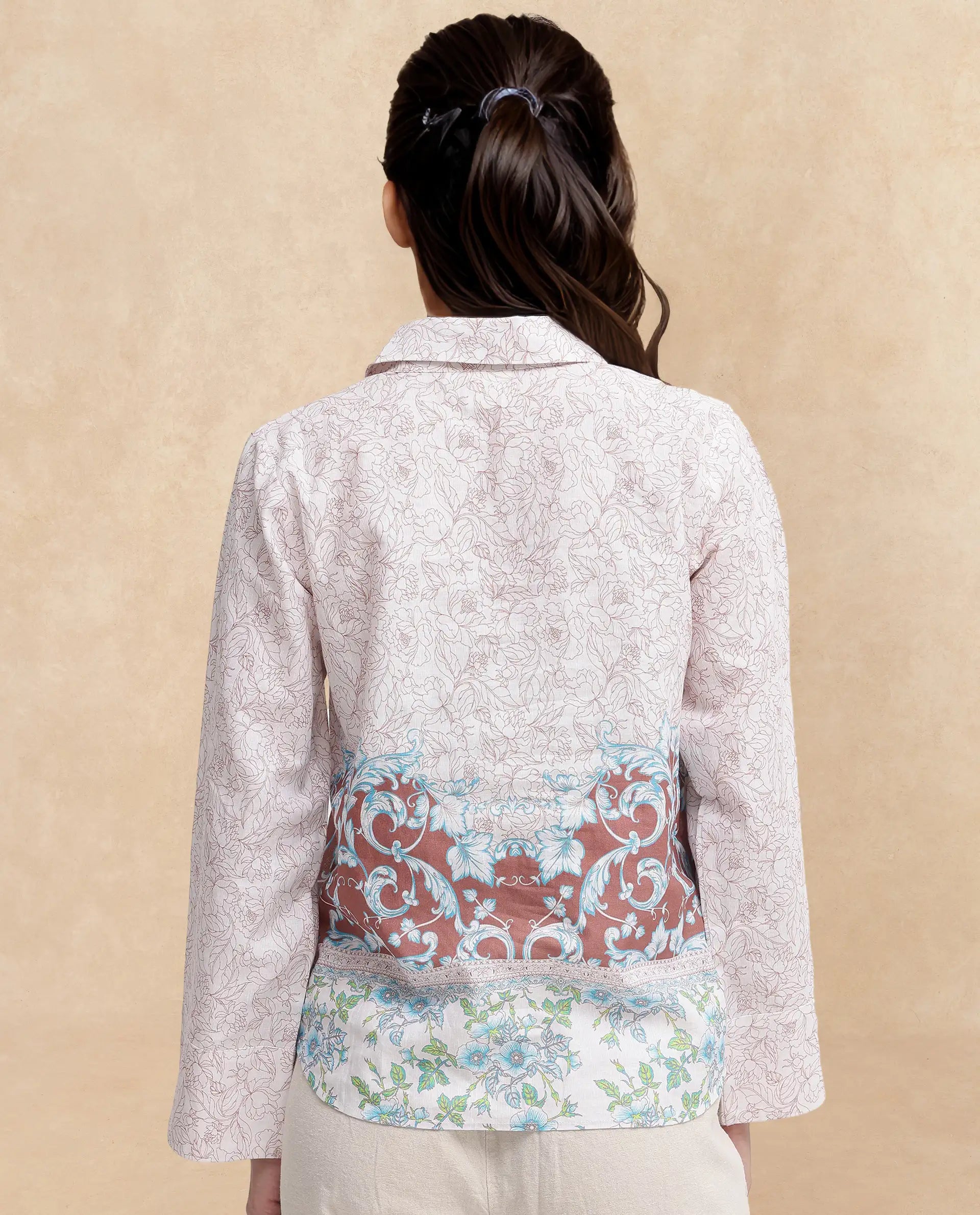 Rareism Women Fofianie Light Brown Bell Sleeves Collared Collar Abstract Print Top